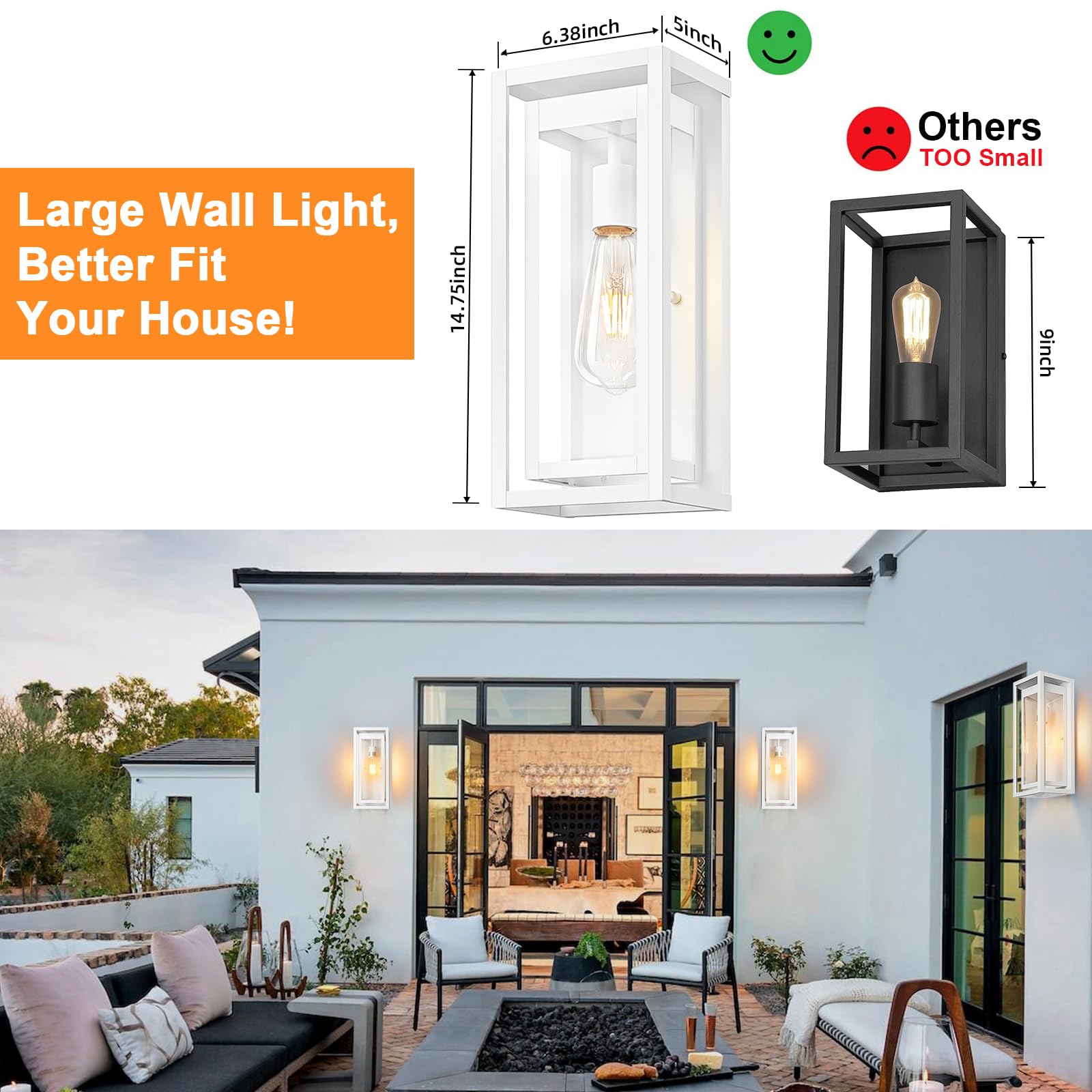 Slypadan 15 Large Outdoor Wall Lights  2 Pack White Outdoor Light Fixtures  Modern Waterproof Exterior Lighting Sconces With Clear Glass Shade For Front Door  Porch  Garage