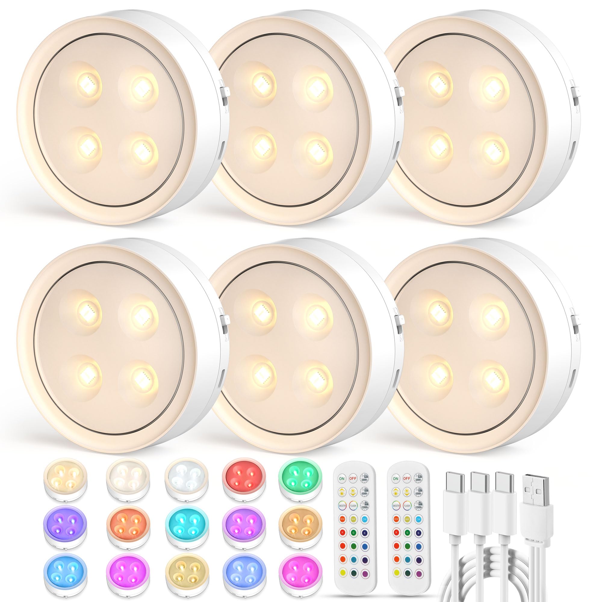 Onumii Puck Lights - Remote Rechargeable Under Cabinet Lighting, 1200mAh, Magnetic, 6 Pack, White, Model T048E