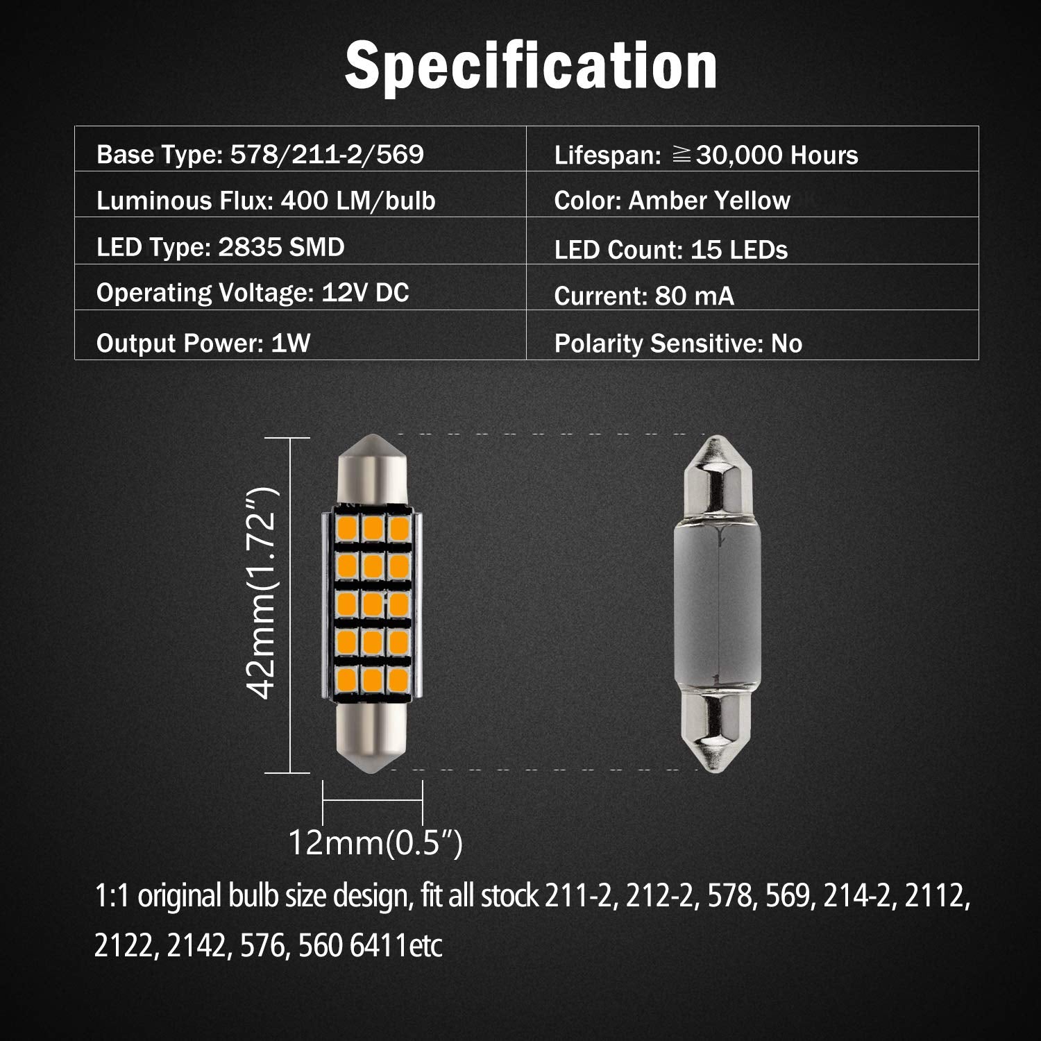 Brishine 578 211-2 Led Bulbs, Super Bright Amber Yellow 2835 Chipsets Canbus Error Free 41Mm 42 Mm 1.72    Festoon 212-2 569 Led