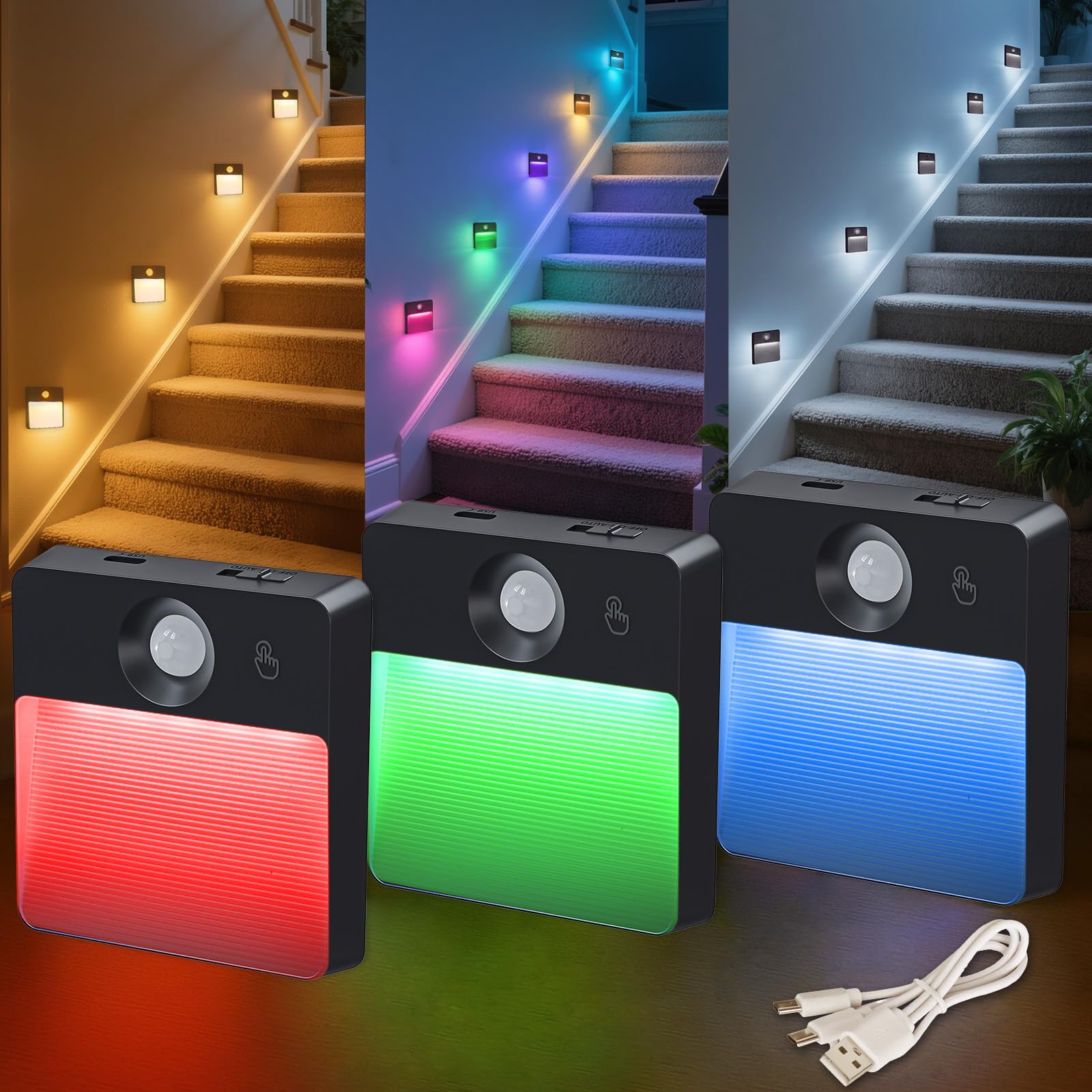 Guankai 3 Pack Motion Sensor Stair Light for Indoor, Rechargeable Battery Operated Night Lights, RGBW Stick On Closet Lamp, Moti