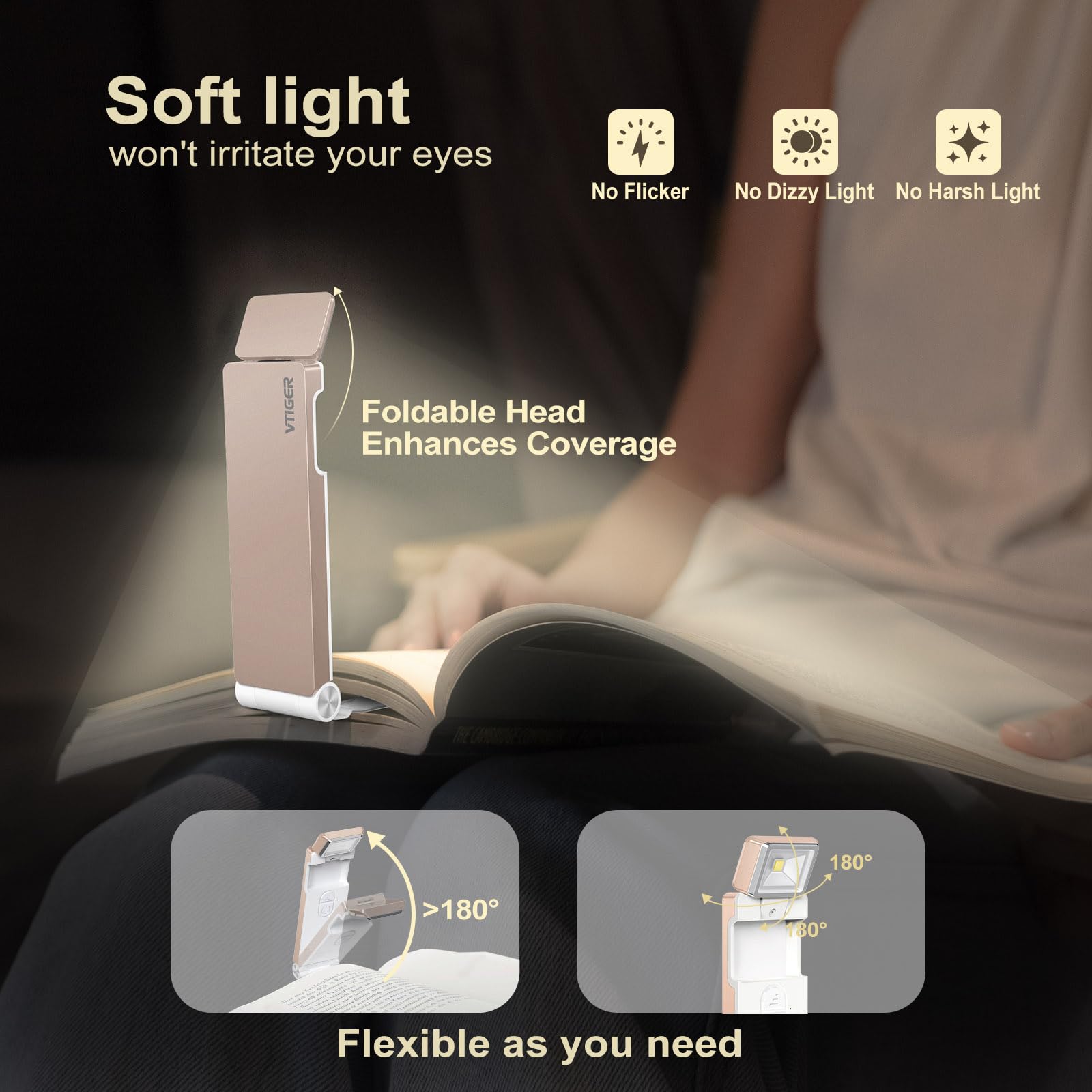 VTIGER USB Rechargeable Book Light, Foldable Clip-on LED, 3 Amber Colors, 4 Brightness Levels, Champagne Gold, Model B1