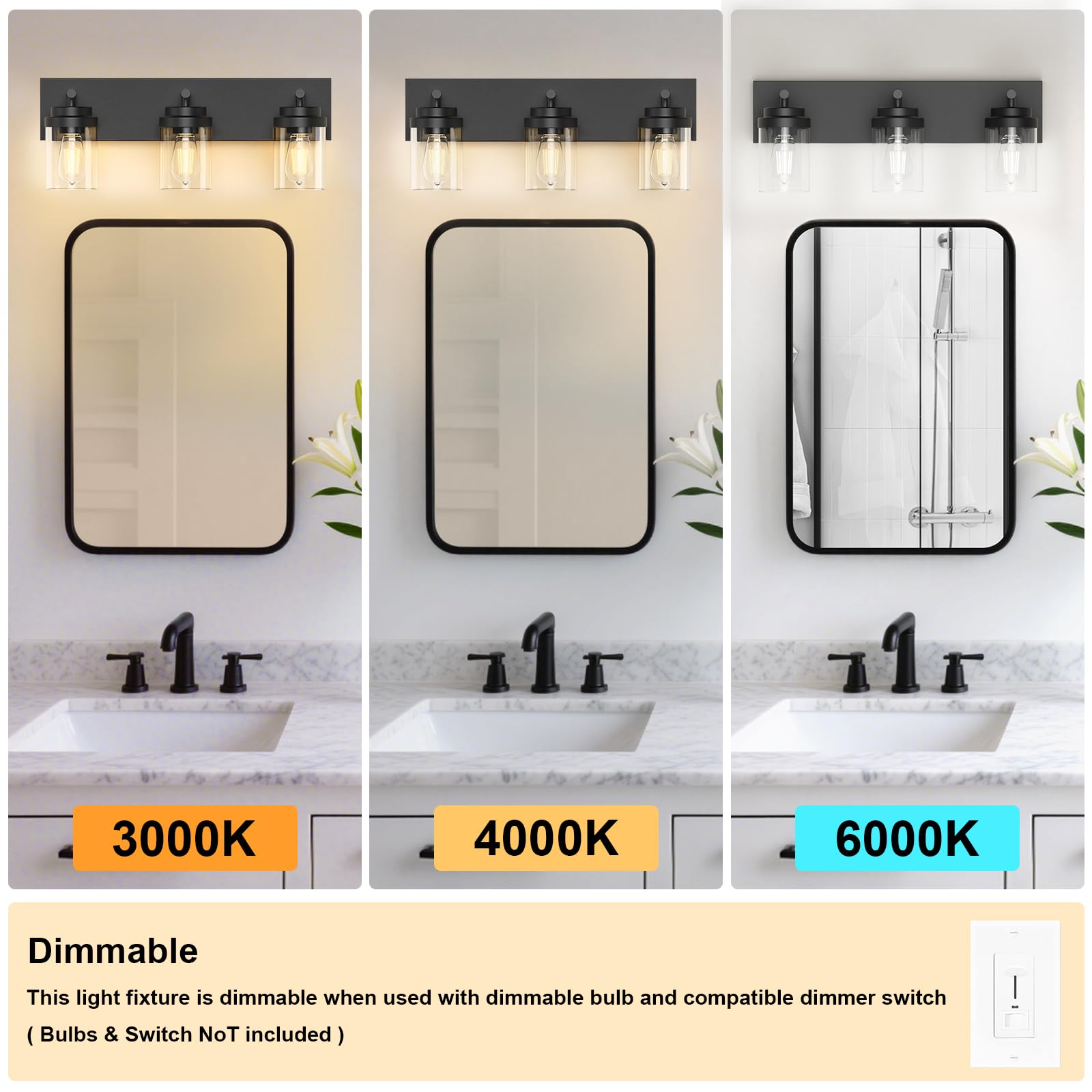 IZORRO 3-Light Bathroom Vanity Light Fixture, Matte Black with Clear Glass Shade, Model HL101, Modern Farmhouse Design
