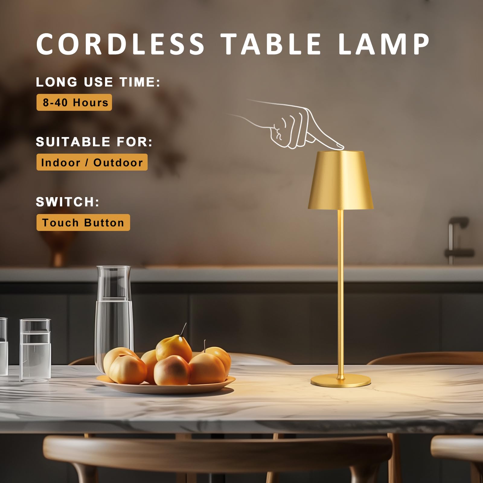 Kakanuo Cordless Table Lamp - Portable LED Wireless Rechargeable - 3 Color Stepless - Gold - Ideal for Restaurant, Bar, Camping, Bedroom