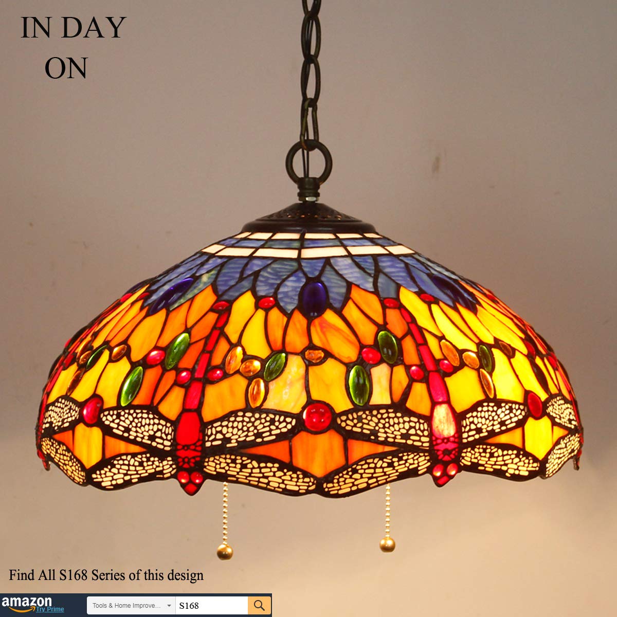 WERFACTORY Tiffany Pendant Light, 16in Wide, 40in Height, Stained Glass, Orange Blue Dragonfly S168 Series, Large Hanging Lamp