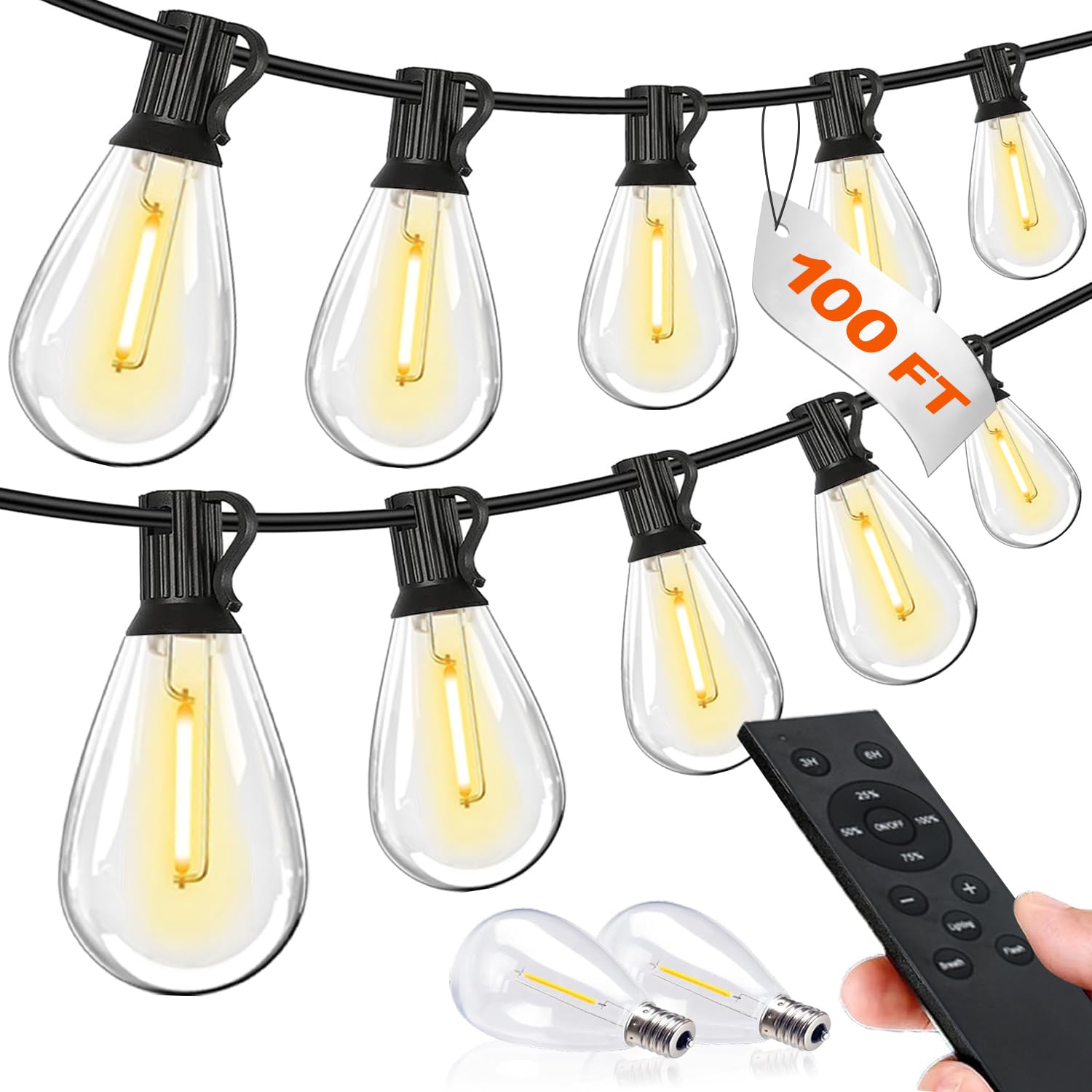 Tenmiro 100FT LED Outdoor String Lights with Remote  35+ 1 Shatterproof Bulbs Waterproof and Dimmable Patio Lights for Porch  Garden  Backyard  Deck  Balcony  2700K Hanging Lighting