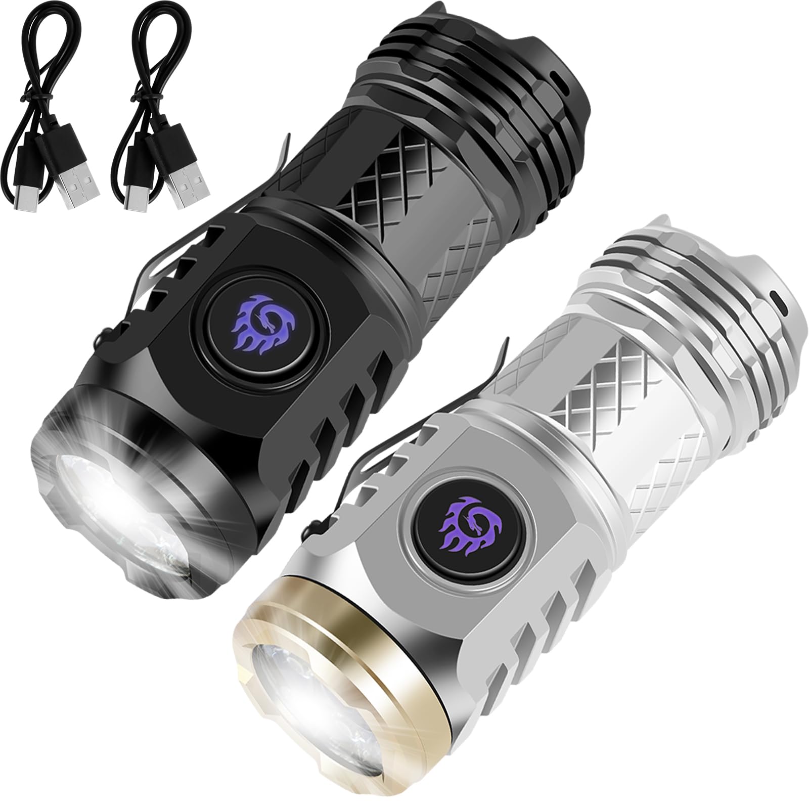 NEMTMCUA Mini Flashlight, Portable LED Torch, 2Pcs, Thumb Light with Clip, Black+Silver, Model 4502202407271109