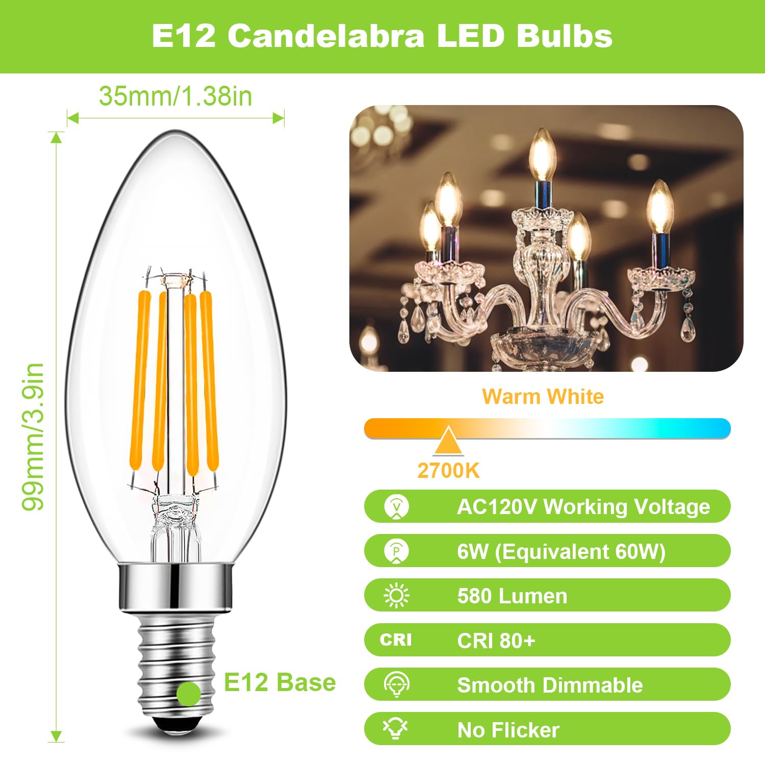 Brimax B11 E12 Led Candelabra Bulbs 60W Equivalent, 6W Dimmable Candle Light Bulbs, 2700K Warm White, Filament Clear Glass Led B