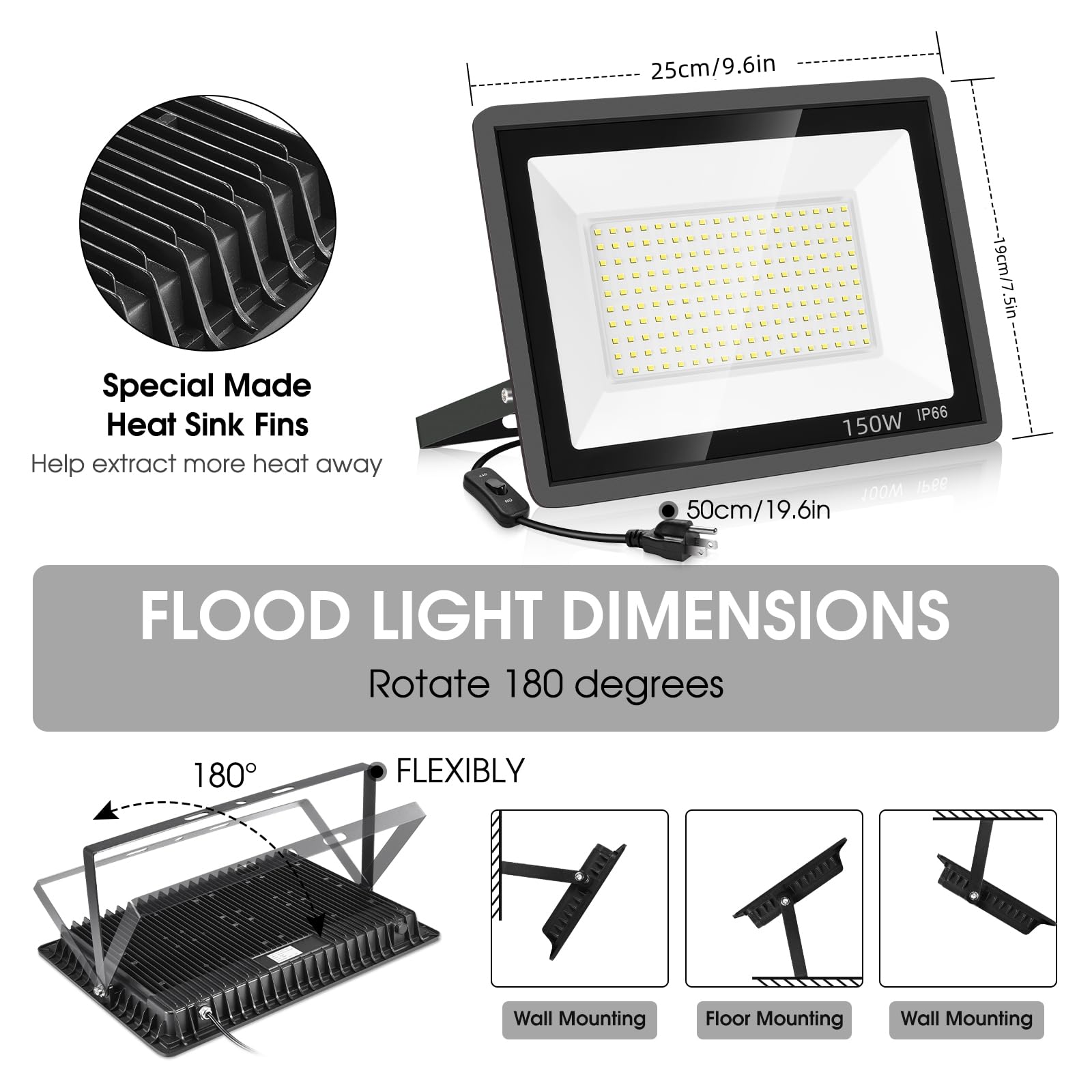 Yanycn 3 Pack 150W Led Flood Light Outdoor,Super Bright Exterior Security Light With Plug,Ip66 Waterproof Flood Light, 15500Lm 5