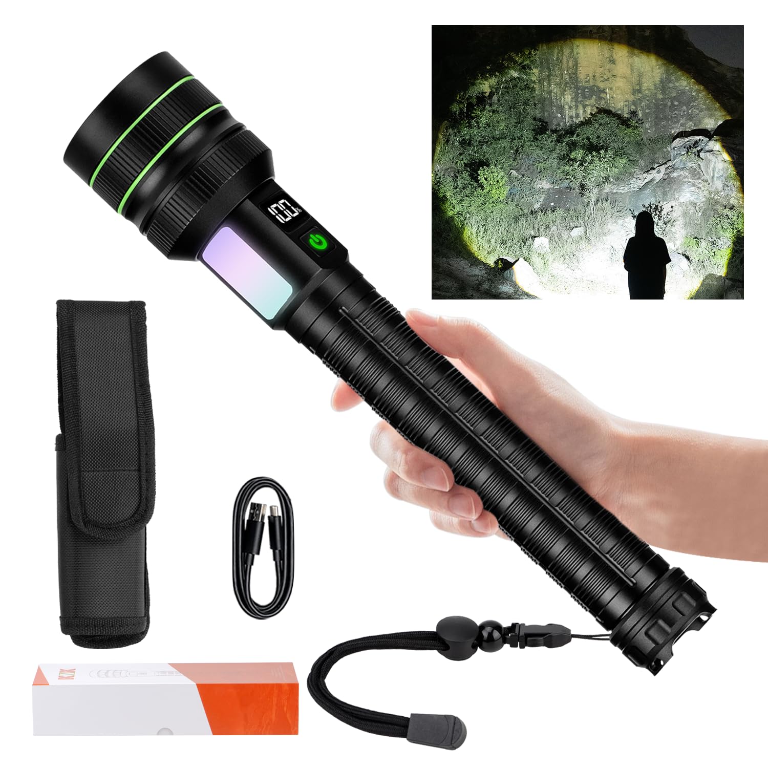 KZK Extremely Bright Rechargeable Flashlight, 9000 High Lumens LED Flashlights with Long Handle,Powerful Handheld Flashlight wit