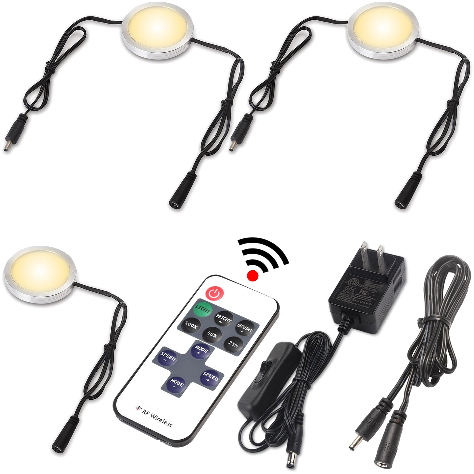 Lvyinyin Book Case Lights, Halogen Under Cabinet Puck Light Replacement, Dimmable RF LED Remote Controller, 120V Wall Plugged in