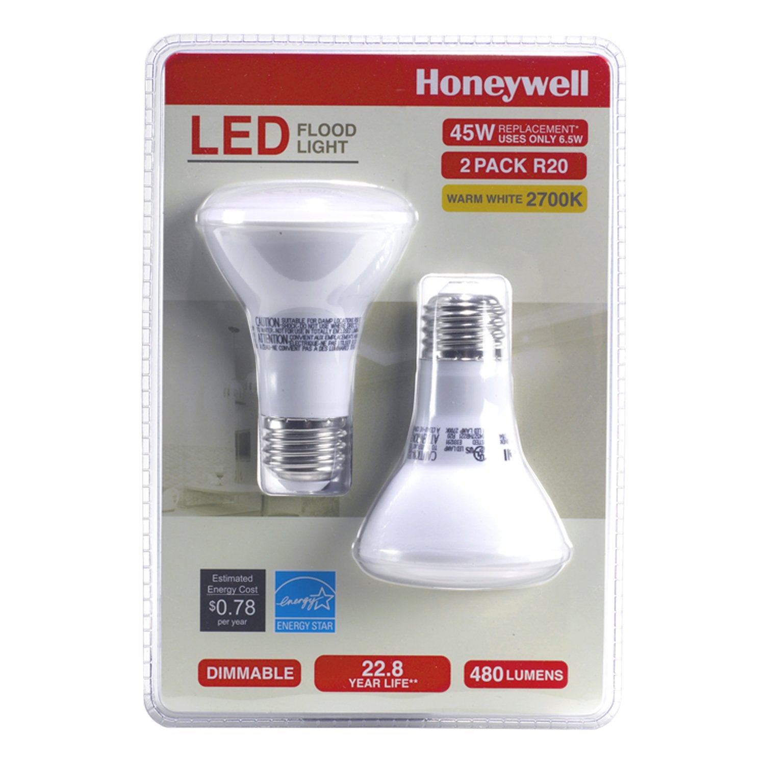 Honeywell R204527HB221 LED R20 Dimmable Flood Light Bulbs - 45 Watt Equivalent - E26 Medium Base Screw Cap - Soft White Light (2