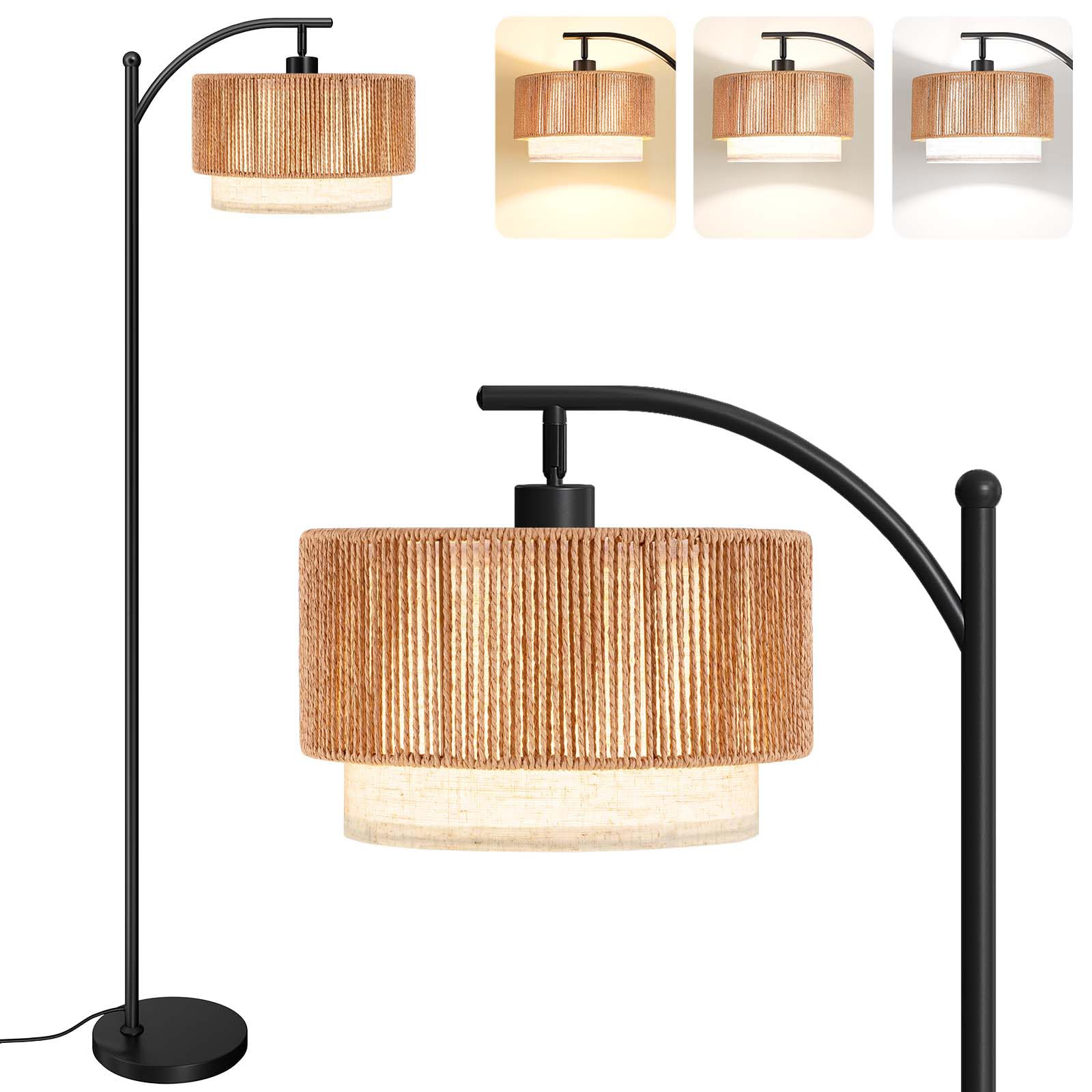 Sunmory Floor Lamps For Living Room With 12W Led Bulb  Arc Floor Lamp With 3 Color Temperatures  Farmhouse Floor Lamps With Adjustable Rattan & Fabric Shades  Boho Standing Lamp For Bedroom  Corner