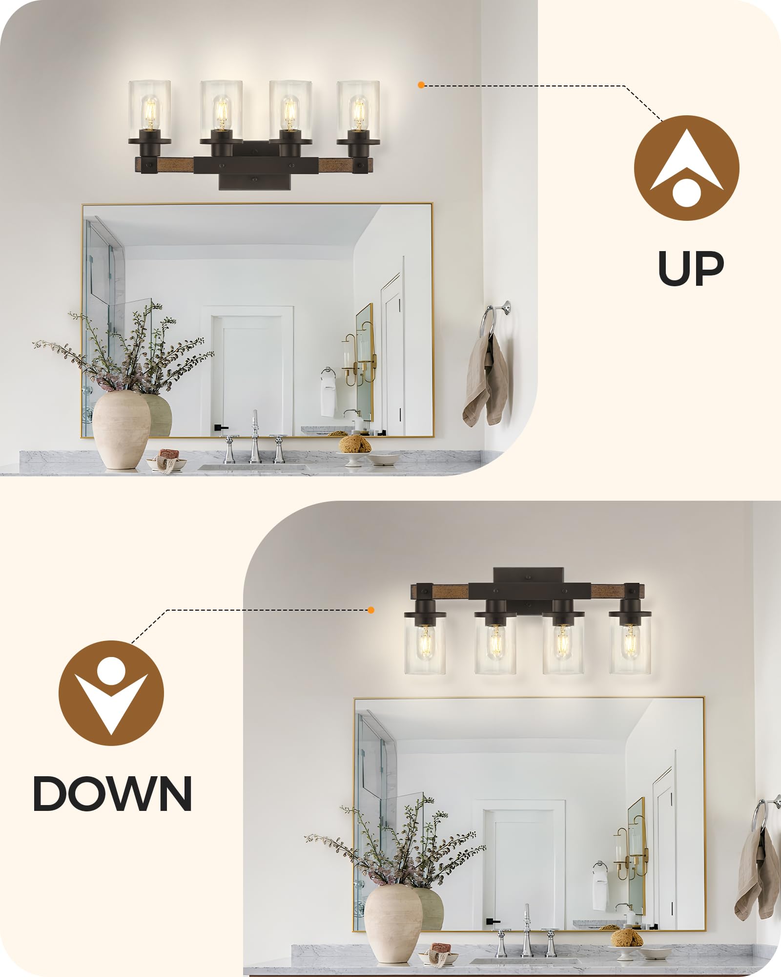 Goebleson 4-Light Rustic Bathroom Light Fixture, Farmhouse Vanity Lights With Glass Shade