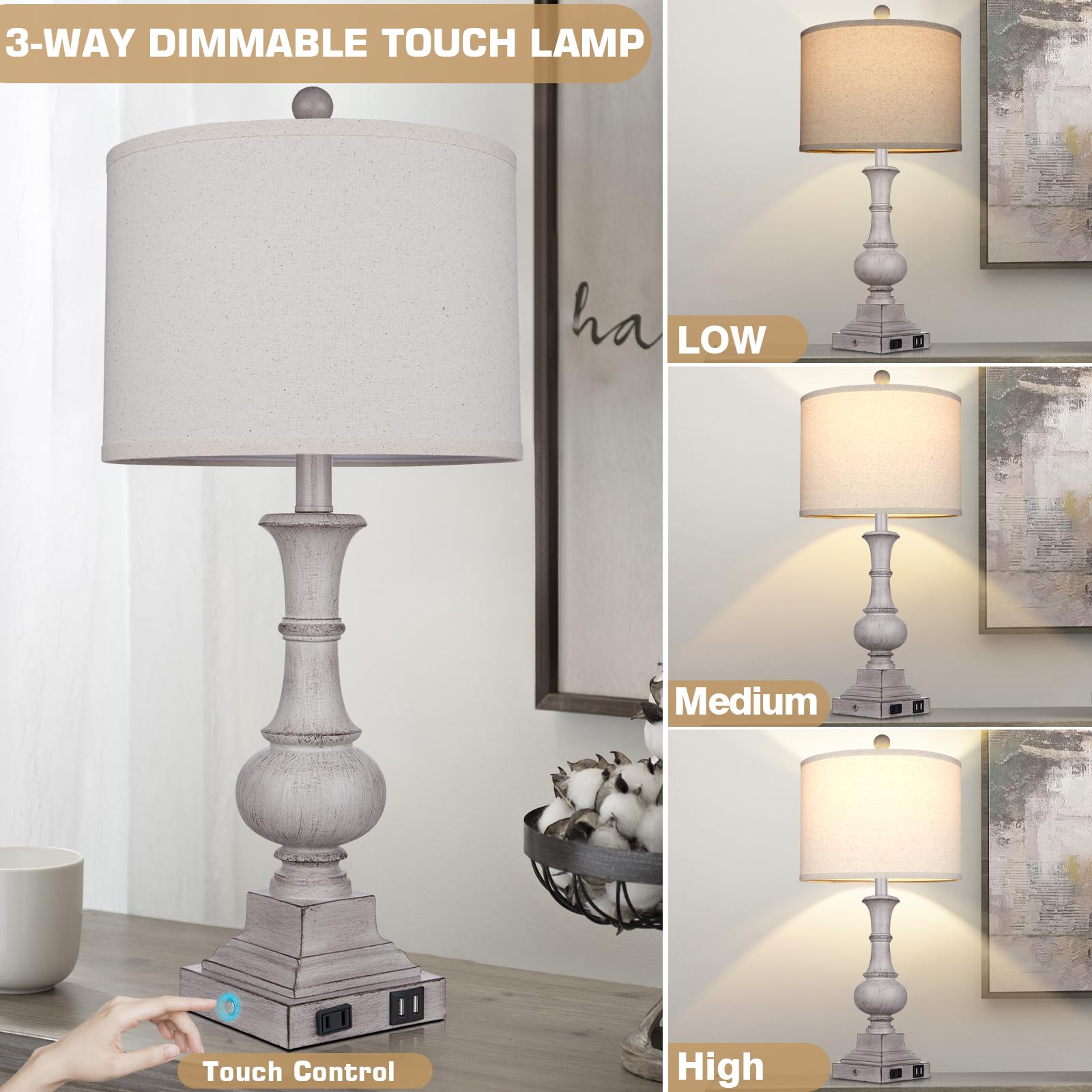 26" Farmhouse Table Lamps Set Of 2, Rustic Touch Control Bedside Lamps With 2 Usb Ports & Ac Outlet, Vintage Resin 3-Way Dimmable Nightstand Lamp Linen Fabric Shade For Living Room Bedroom Decor Gray