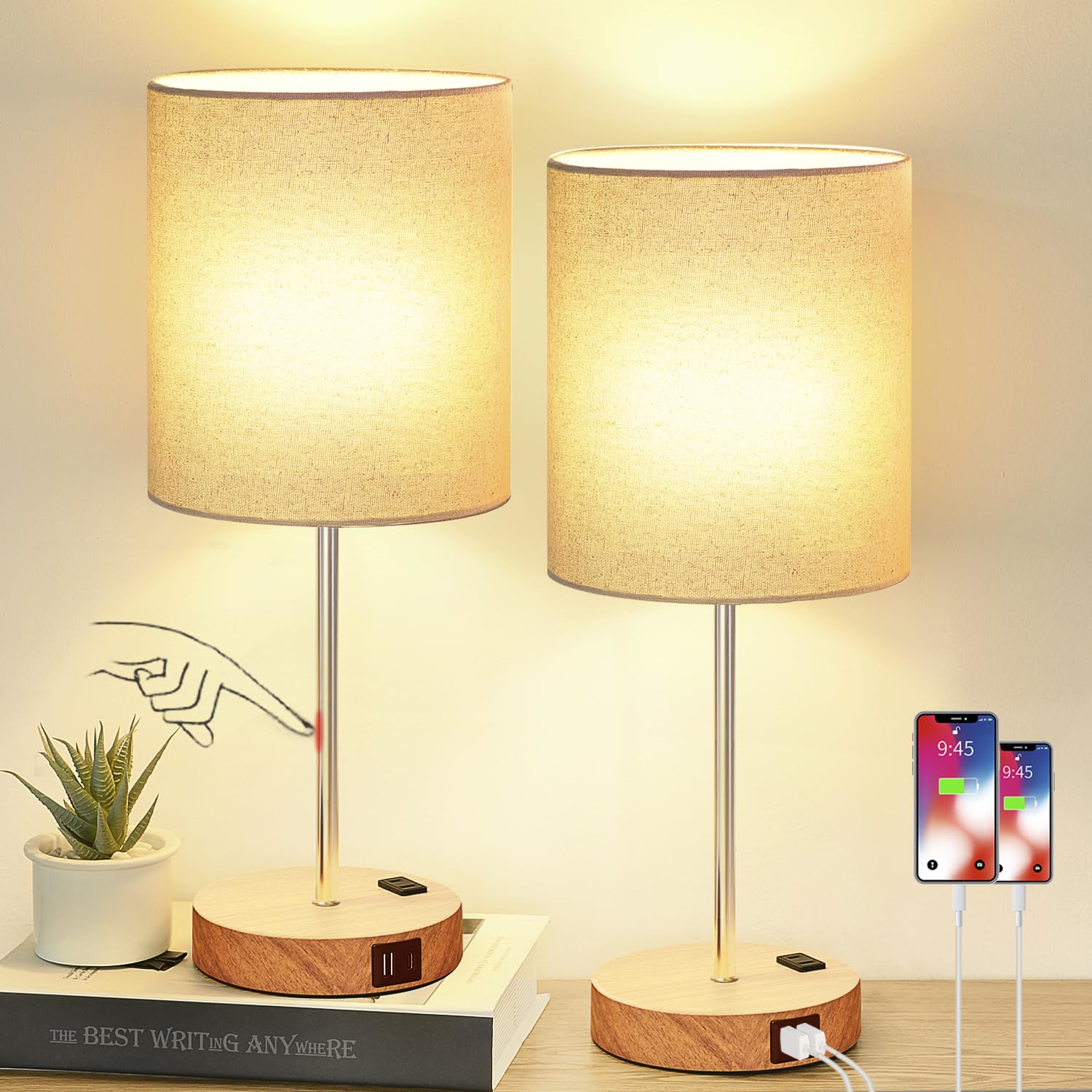 Lynnoland Touch Wood Table Lamps Set of 2, 3-Way Dimmable, USB & AC Outlet, Beige & Wood, Model T3476