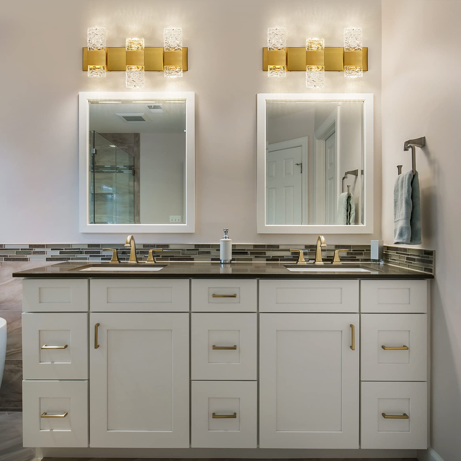 Epinl Gold Bathroom Vanity Light Fixtures Bathroom Light Fixtures Over Mirror 3-Light 4000K Led Crystal Wall Sconces Modern 30W Brushed Hardwired Wall Lights For Bathroom Bedroom Living Room