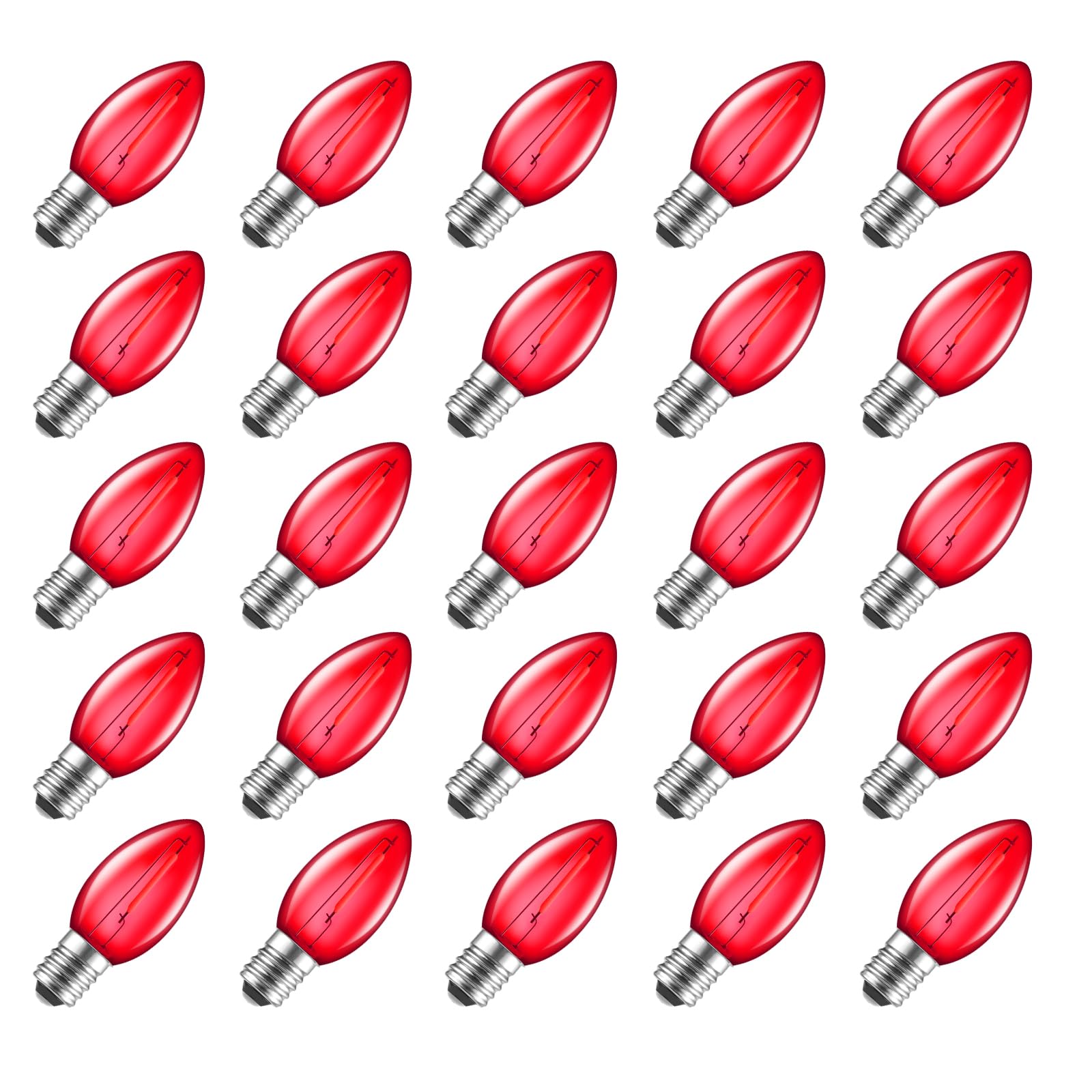 25 Pack Red C7 Led Christmas Light Bulbs  Waterproof Replacement Bulbs For Outdoor Indoor Christmas String Lights  E12 Candelabra Base  Commercial Grade Holiday Bulbs For Decor Lighting