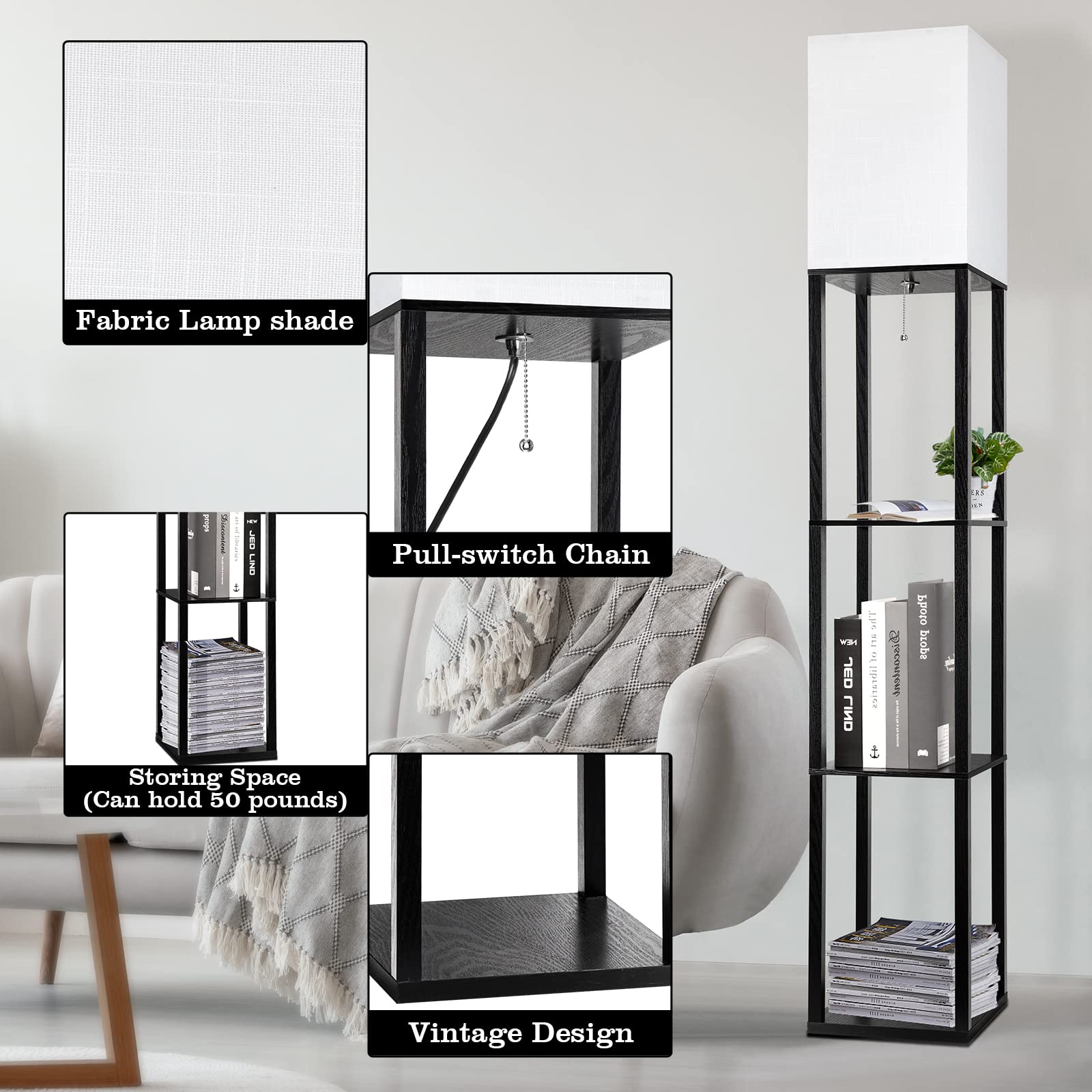 RUNTOP Floor Lamp with Shelves, LED Bulb, Modern Design, Black