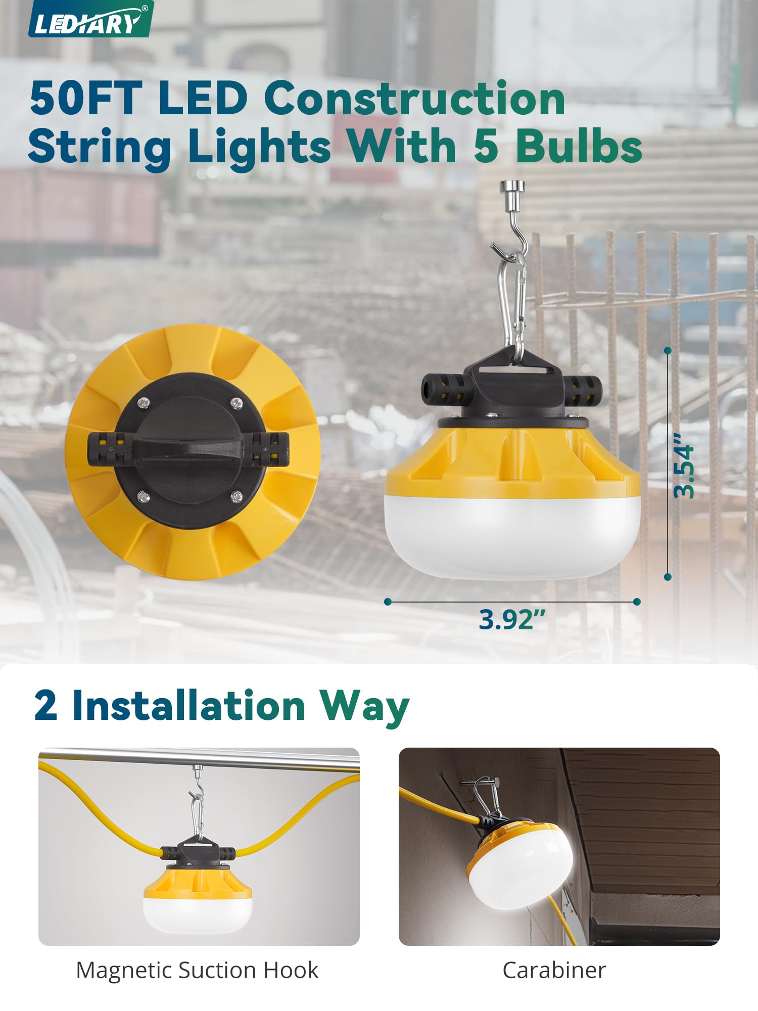 Lediary 50Ft Led Construction String Lights, 50W 5000Lm String Work Light, Linkable Temporary Lighting For Jobsite, Patio, Indoor, Outdoor-Etl Listed