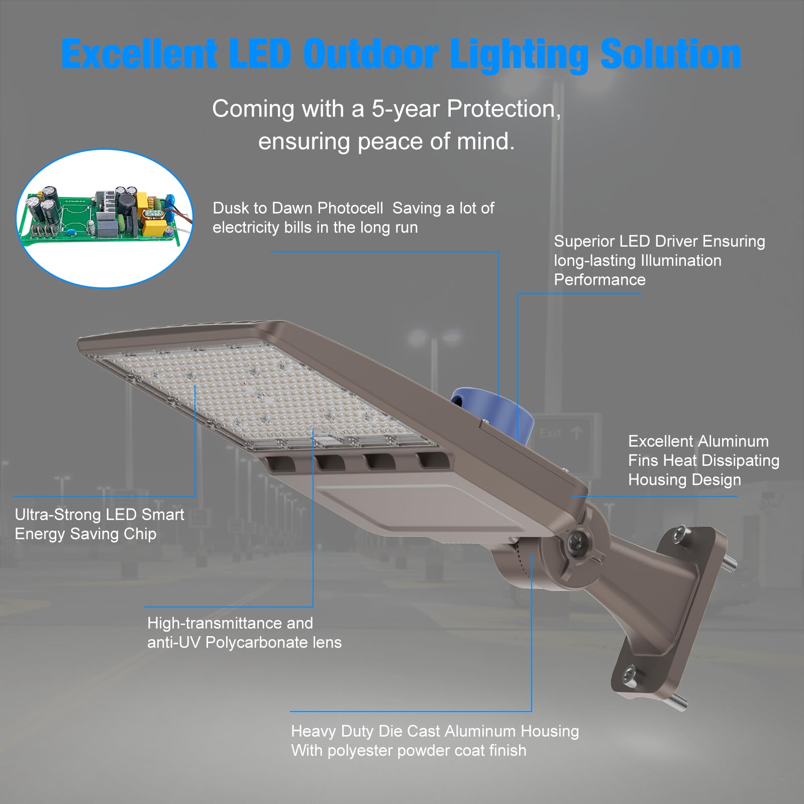 G Gjia 480V 300W Led Parking Lot Lights With Adjustable Arm Mount Dusk-To-Dawn Photocell Sensor Outdoor Commercial Area Lighting