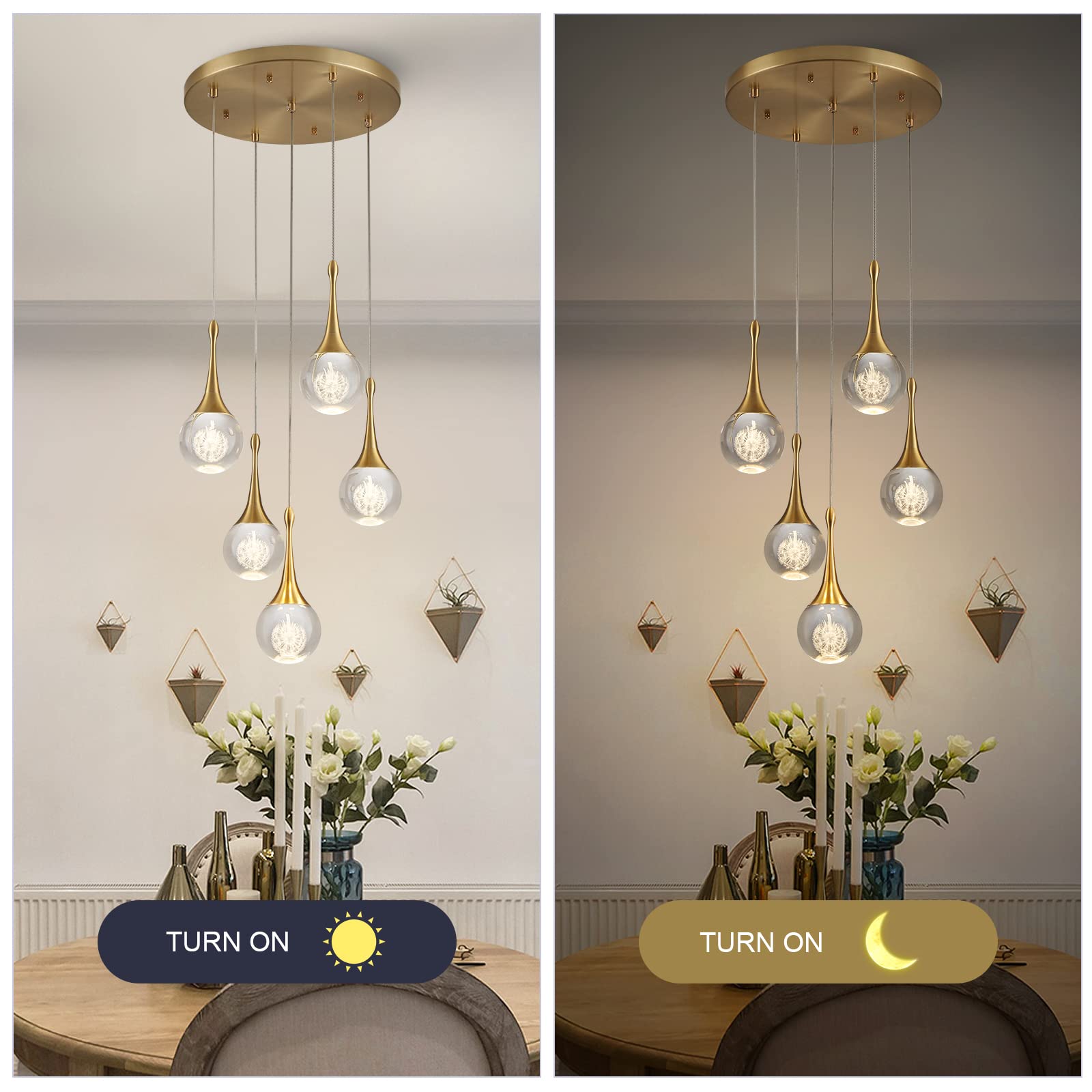 Airyphant 5 Lights Crystal Pendant Light, 25W Gold Dimmable Led Teardrop Cluster Pendant Lighting Fixture For Dining Room Kitche