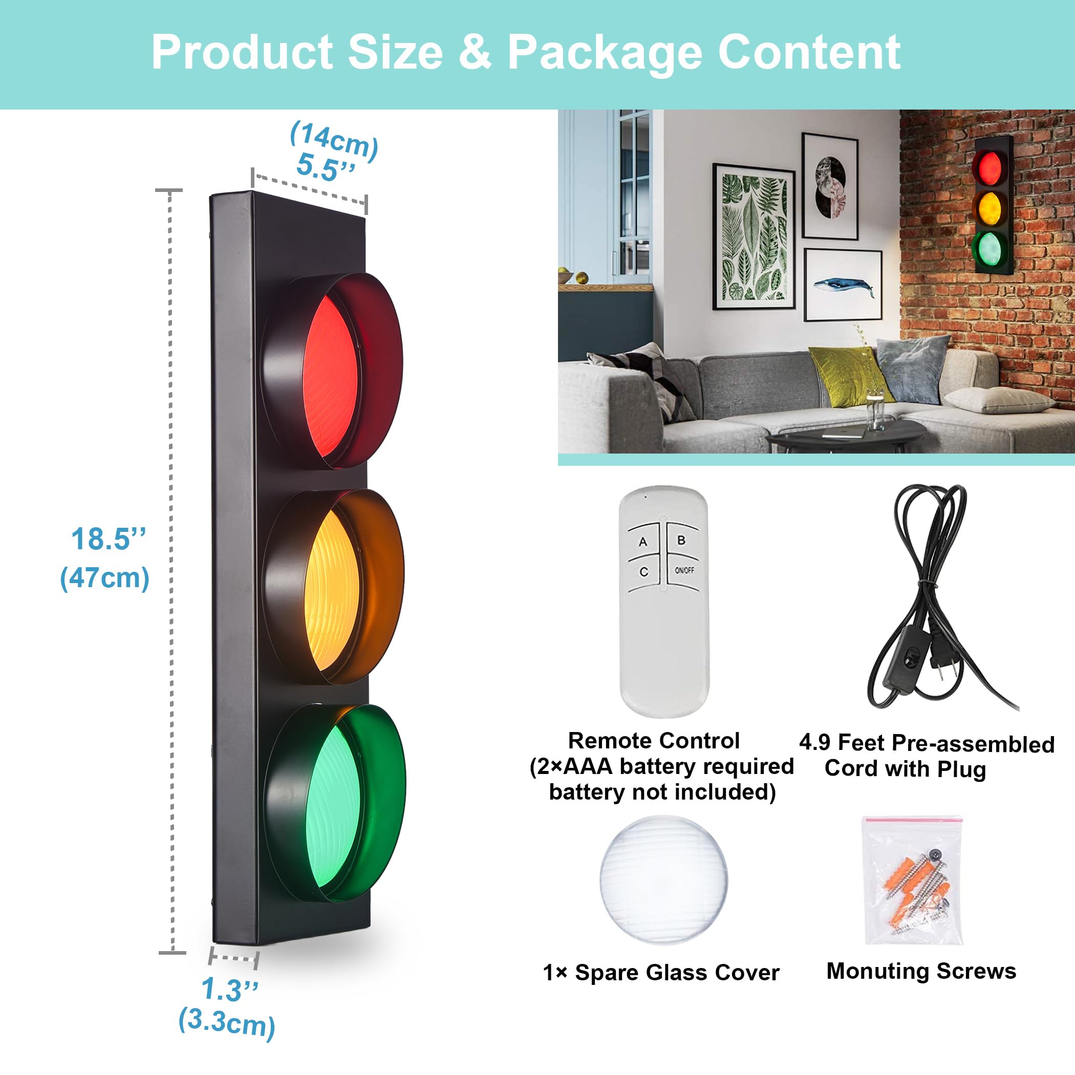 PANLAVIE Traffic Light Wall Lamp, Remote Control LED Sconce, 18.5'' Black Metal, Retro Kids Bedroom Decor, Model PLV-TLD02