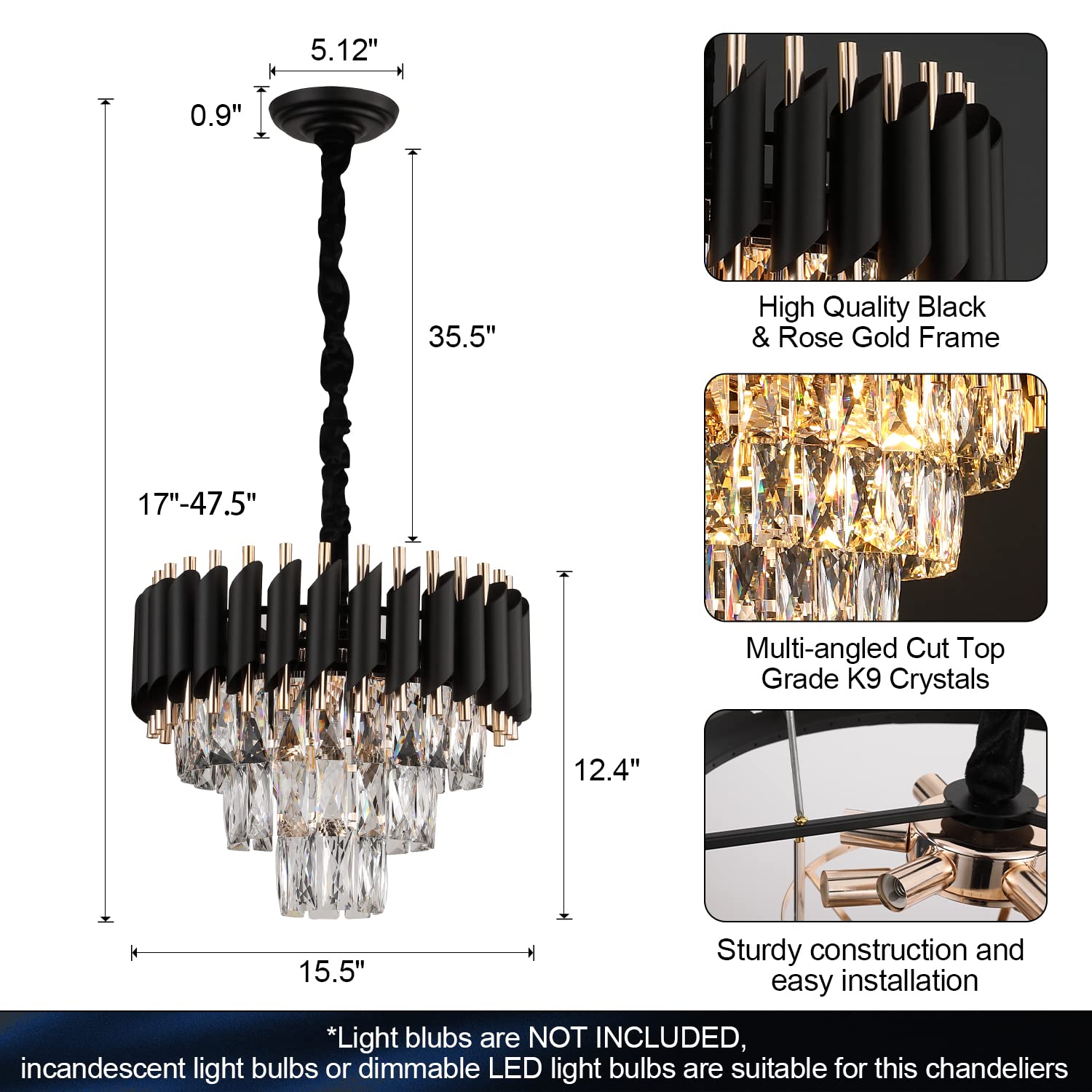 A AXILIXI Modern Crystal Chandelier 3-Tier 16" Flush Mount Black & Gold Dimmable Lighting for Living Room, Dining Room, Kitchen