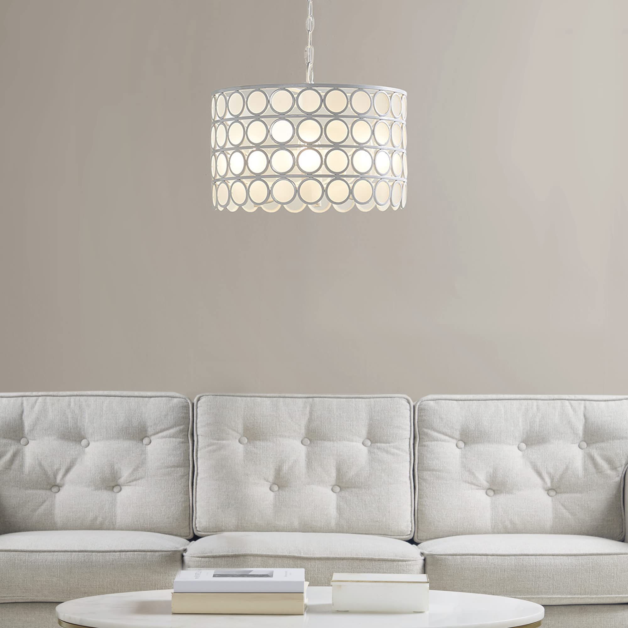 Hampton Hill Mid Century Chandelier, 16.25Dia X 51.75H, White, Iron & Glass, Model Fb150-1160, Adjustable Ceiling Light For Bedrooms & Dining