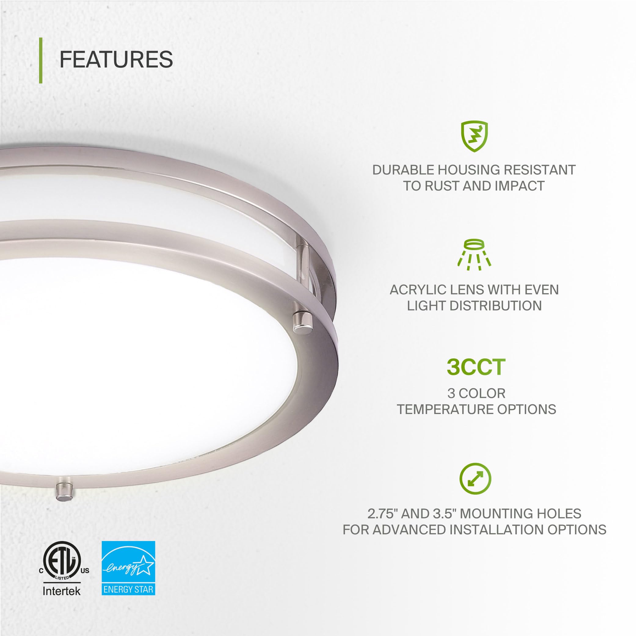 Asd Led 12 Inch Round Flush Mount Light Fixture | 20W 1550Lm 3000K-5000K 120V | 3Cct, Dimmable, Energy Star, Etl Listed | Close