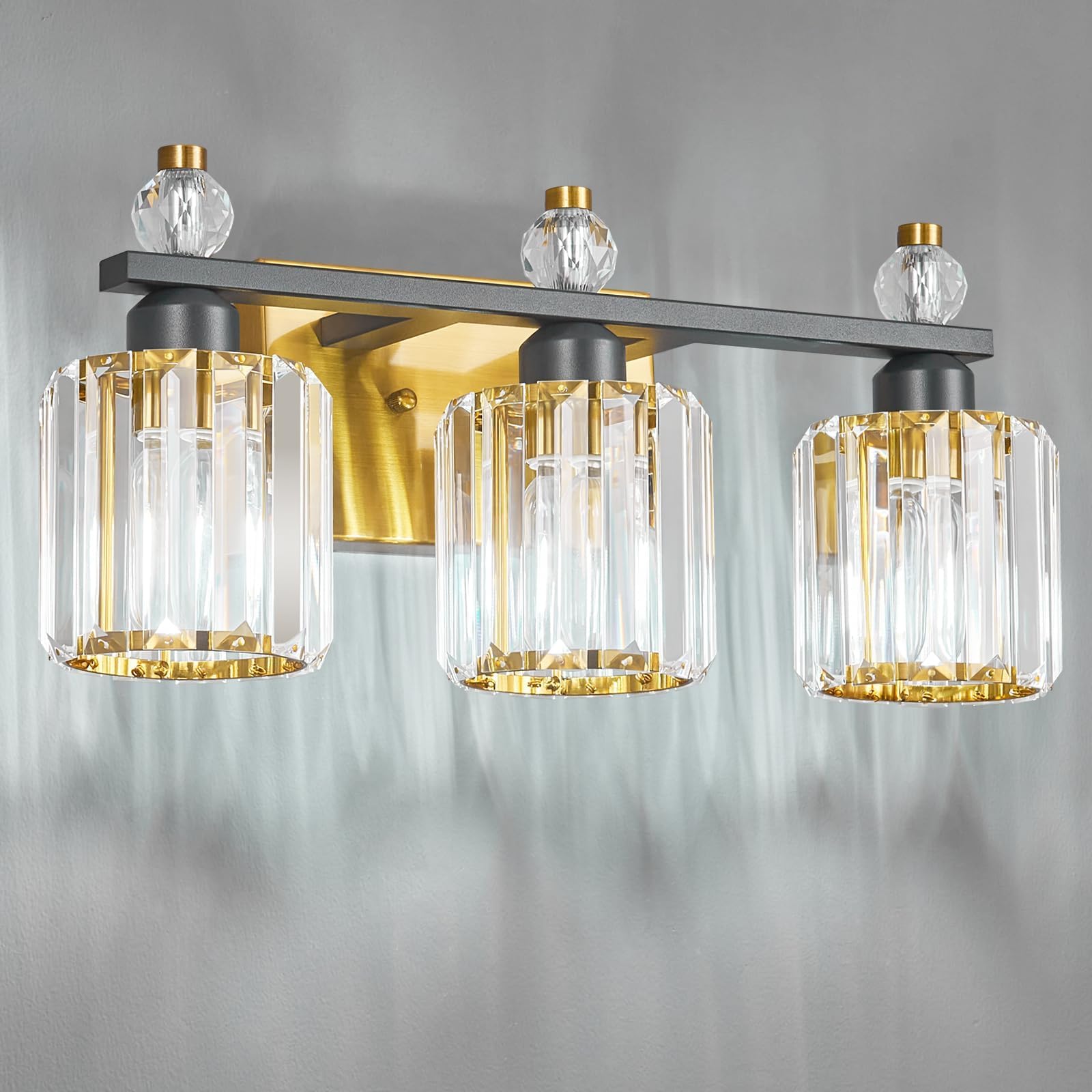 FDPBY 3-Light Crystal Bathroom Vanity Lights, Black Gold Round, Model 291, Modern Over Mirror Lighting Fixtures