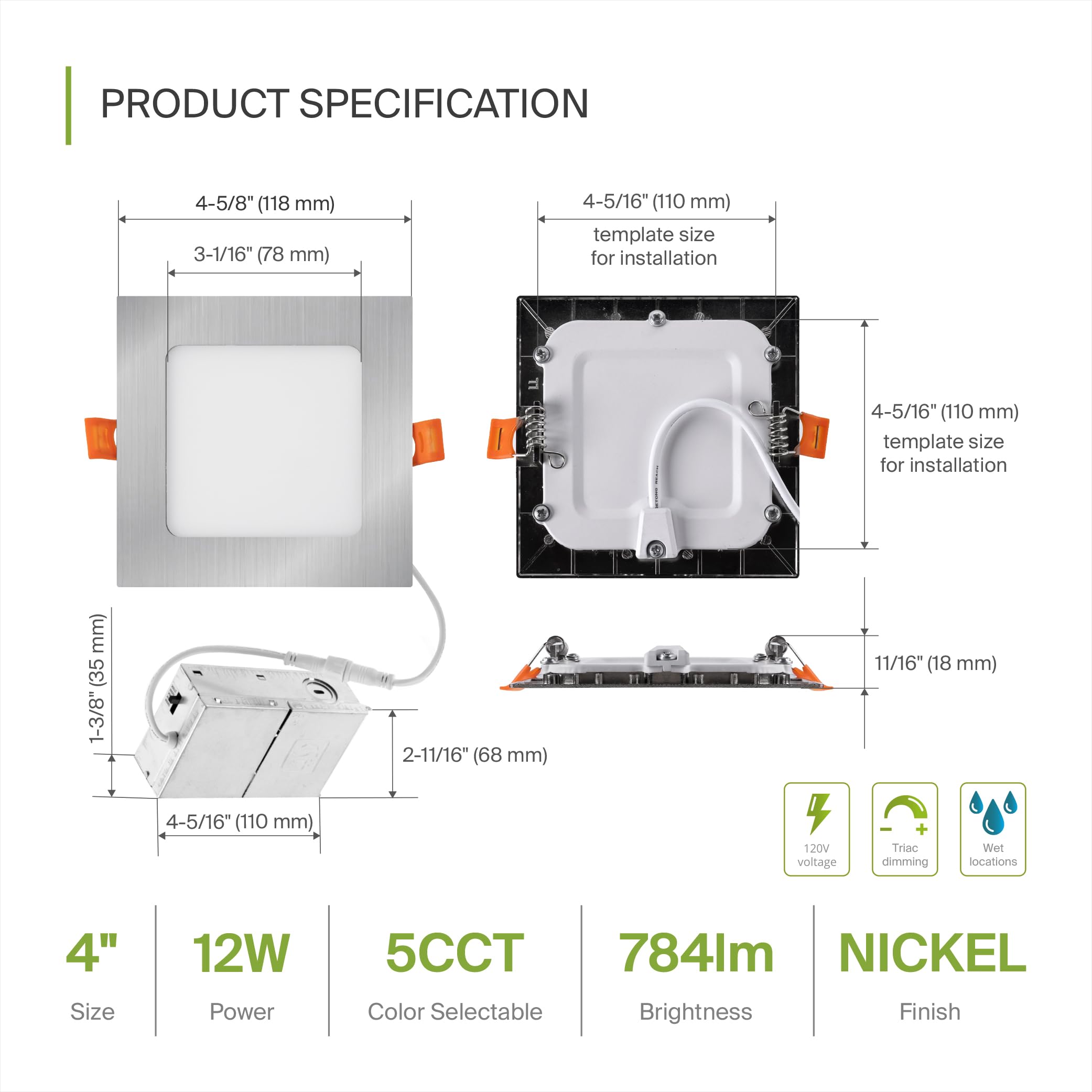 ASD 12 Pack LED Recessed Lighting, 4 Inch, Brushed Nickel, Dimmable, 12W, 5 CCT 2700K-5000K, Ultra