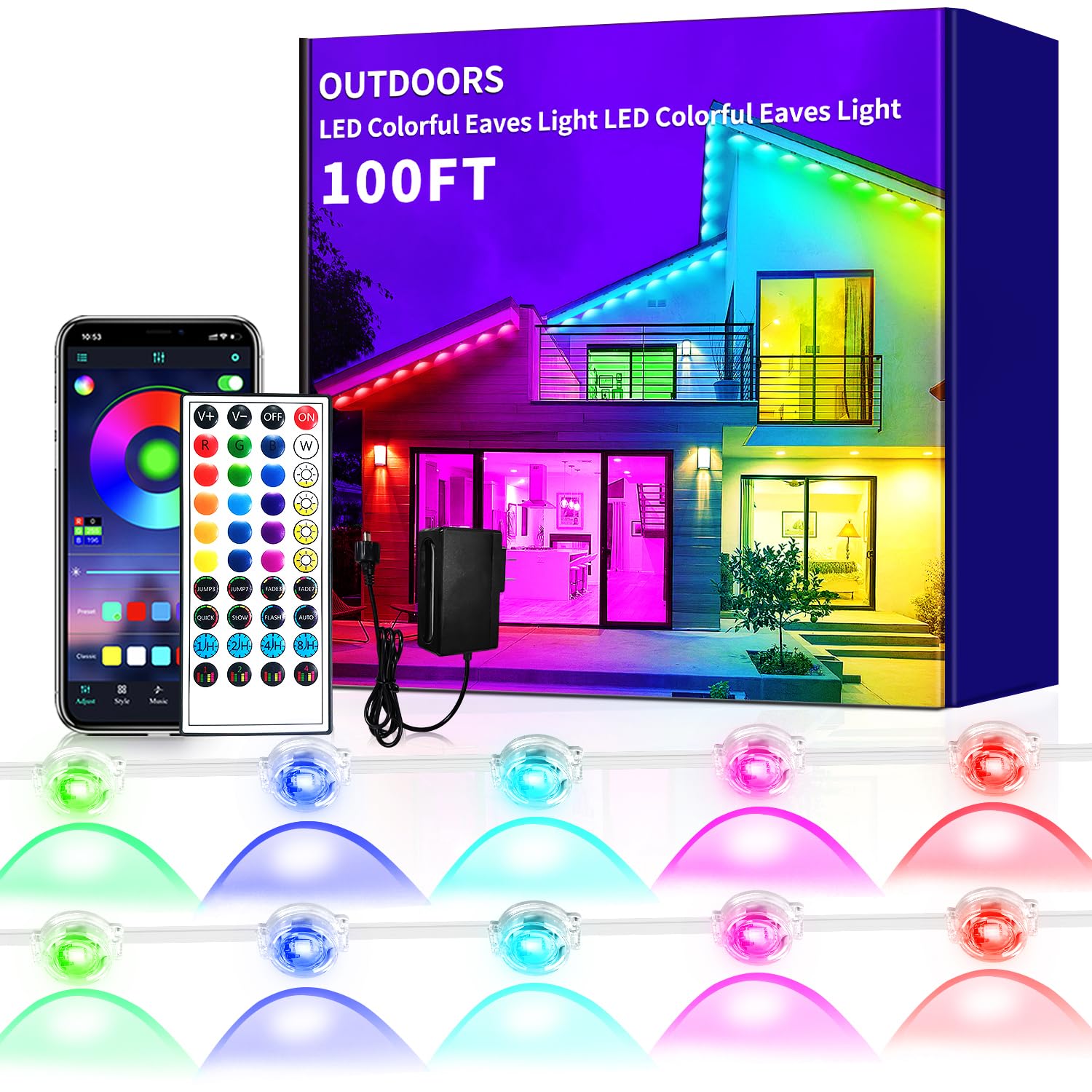 Yocrostar 100ft Permanent Outdoor Light,RGB Eaves Lights with App Control Remote,DIY IP67 Waterproof led Lights,Outside Light fo