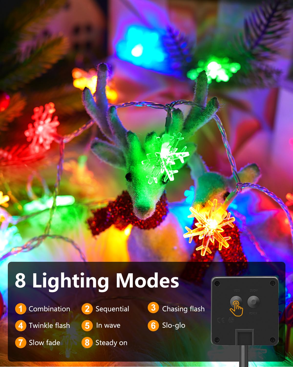 Brightown Solar Snowflake String Lights, 200 LED, 72FT, Multicolor, Waterproof, 8 Lighting Modes for Outdoor and Indoor Use