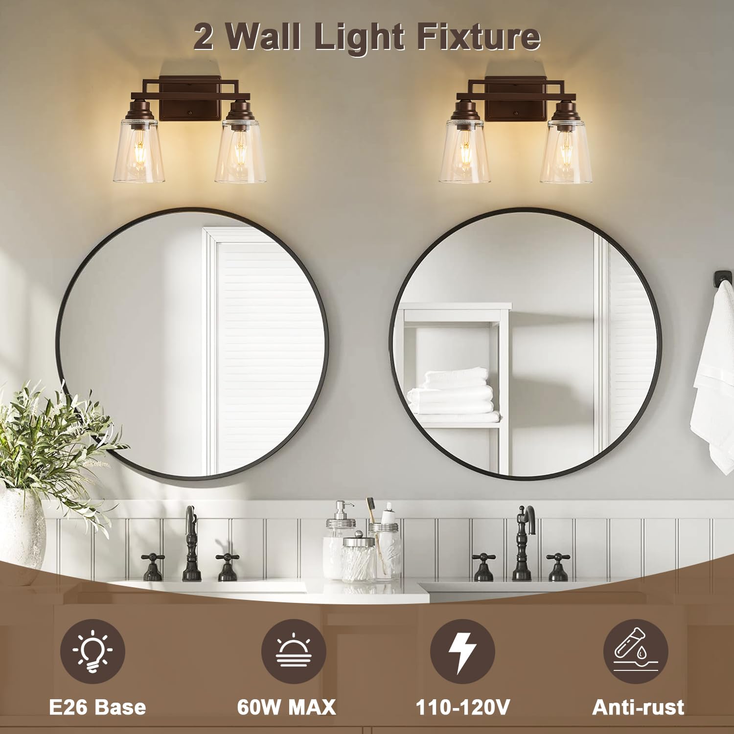 Refice 2-Light Bathroom Vanity Lights Oil Rubbed Bronze Metal Wall Sconces with Clear Glass Shades Model FCW003-2-ORB