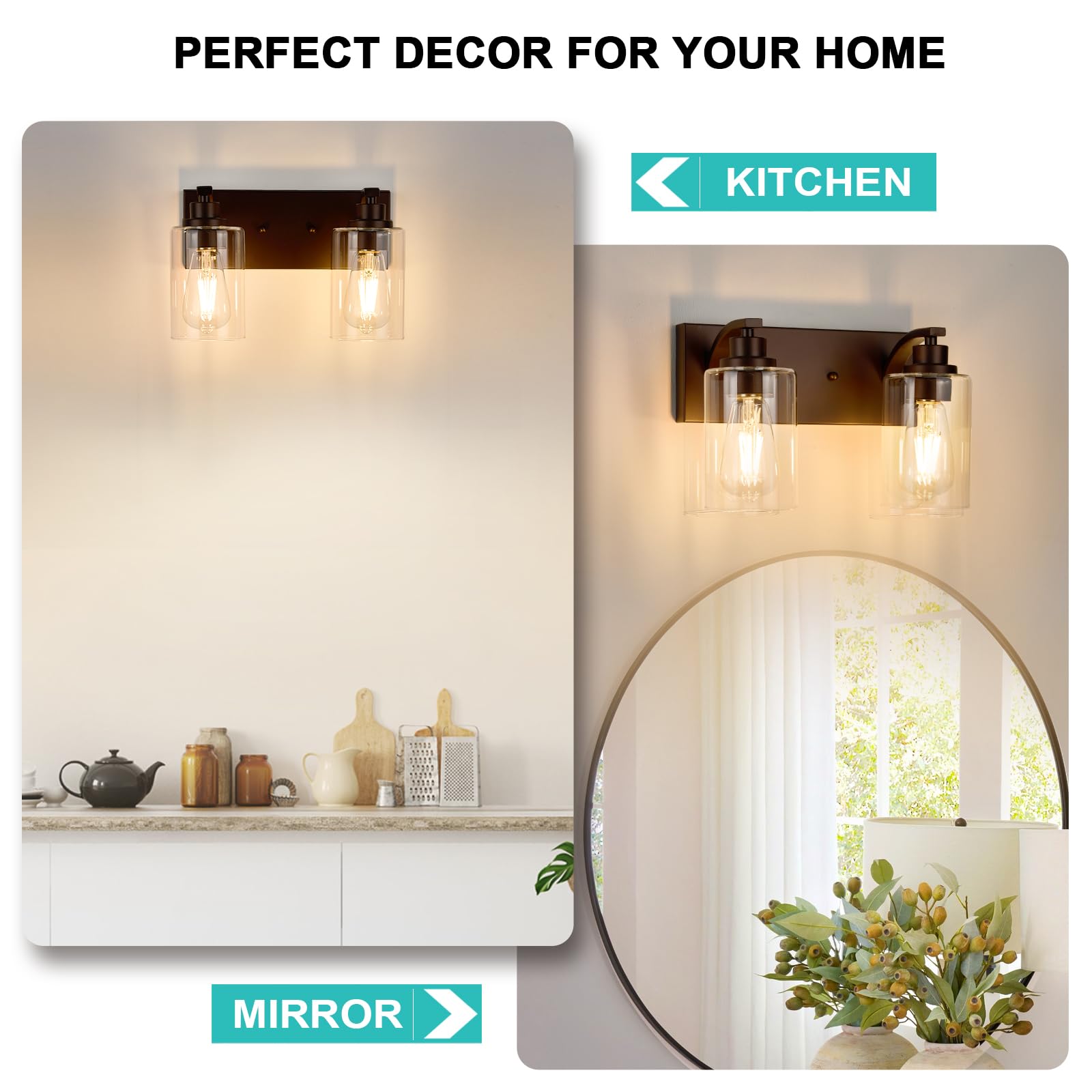 ALAISLYC 2-Light Bathroom Vanity Light Fixtures, Modern Bronze Metal, Clear Glass Shade, Model JF116, Ideal for Mirror and Hallway
