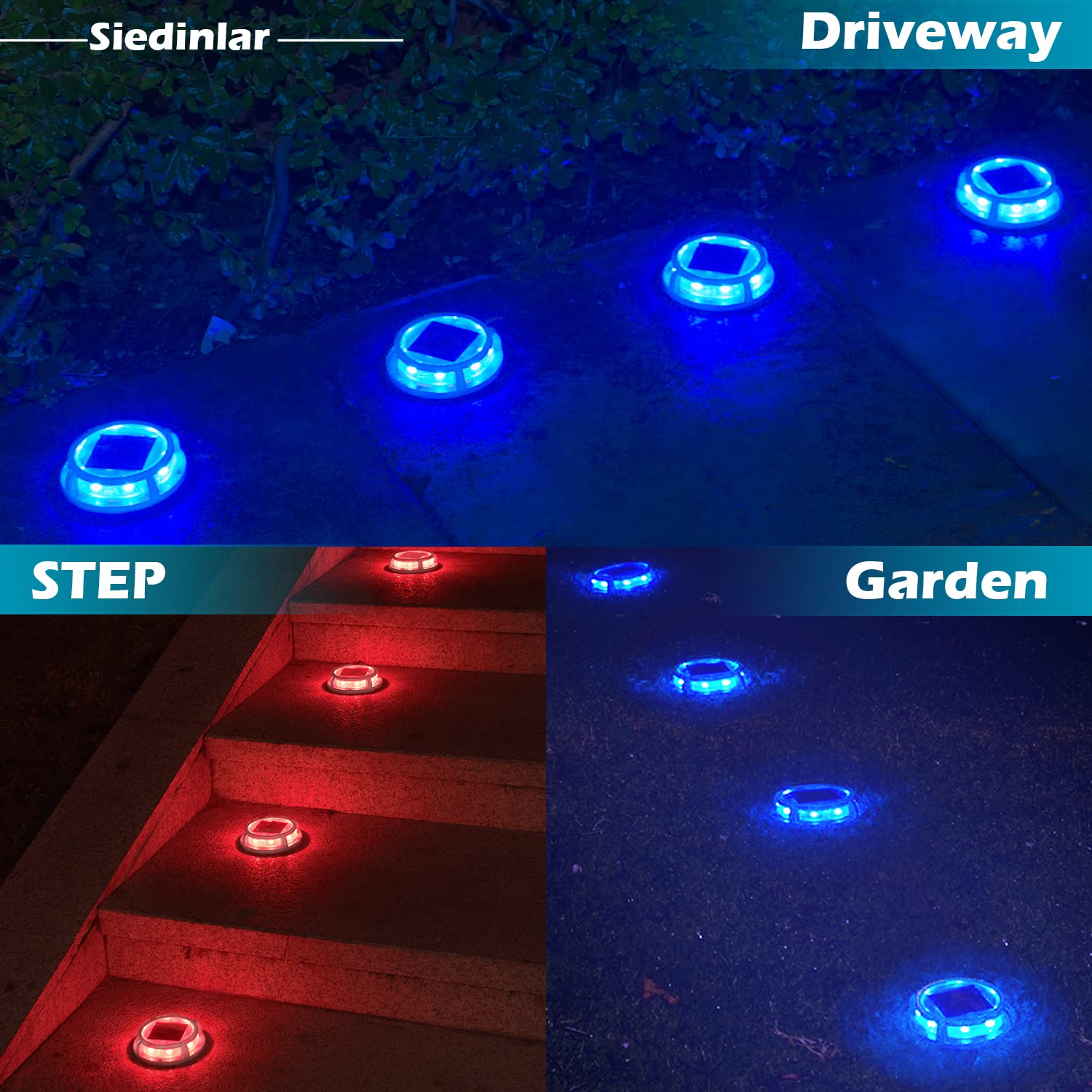 SIEDiNLAR Solar Deck Lights Outdoor 16 LEDs Waterproof Driveway Markers 4 Pack Blue/Red Model SD008-BR