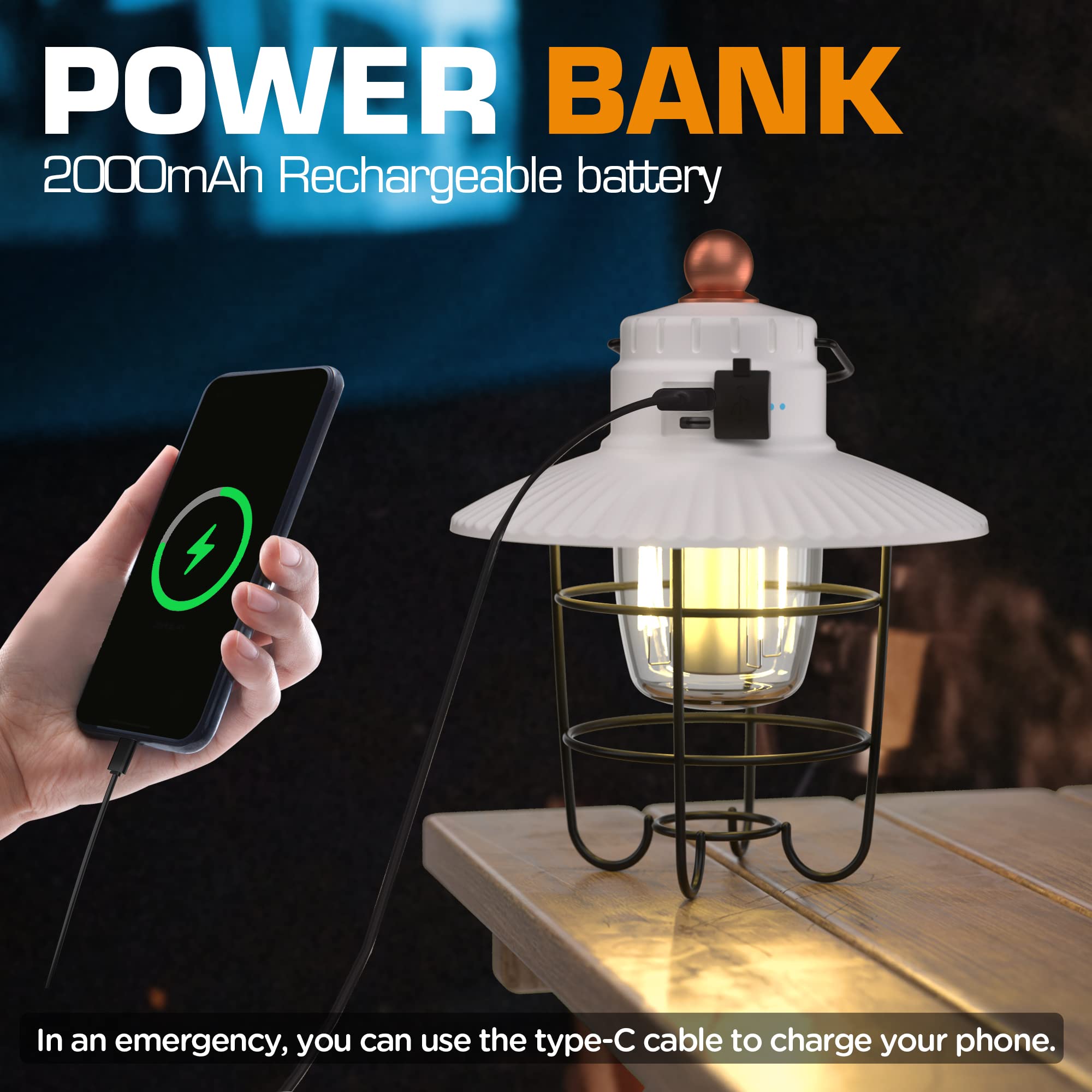 EverBrite LED Camping Lantern Pack of 2, USB C Rechargeable, 3 Light Modes, Vintage Style, White, Model E041034AE