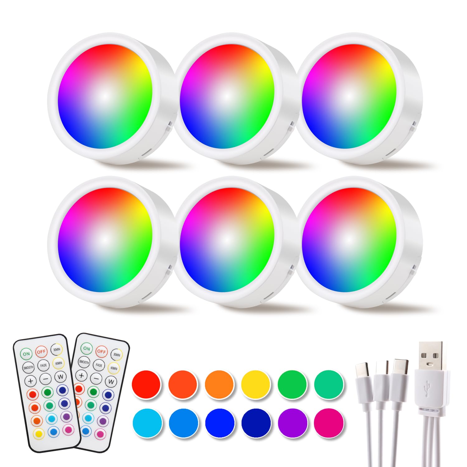 DAMI Under Cabinet Lighting, Rechargeable Wireless Puck Lights, 6 Pack, White, Model DML1026