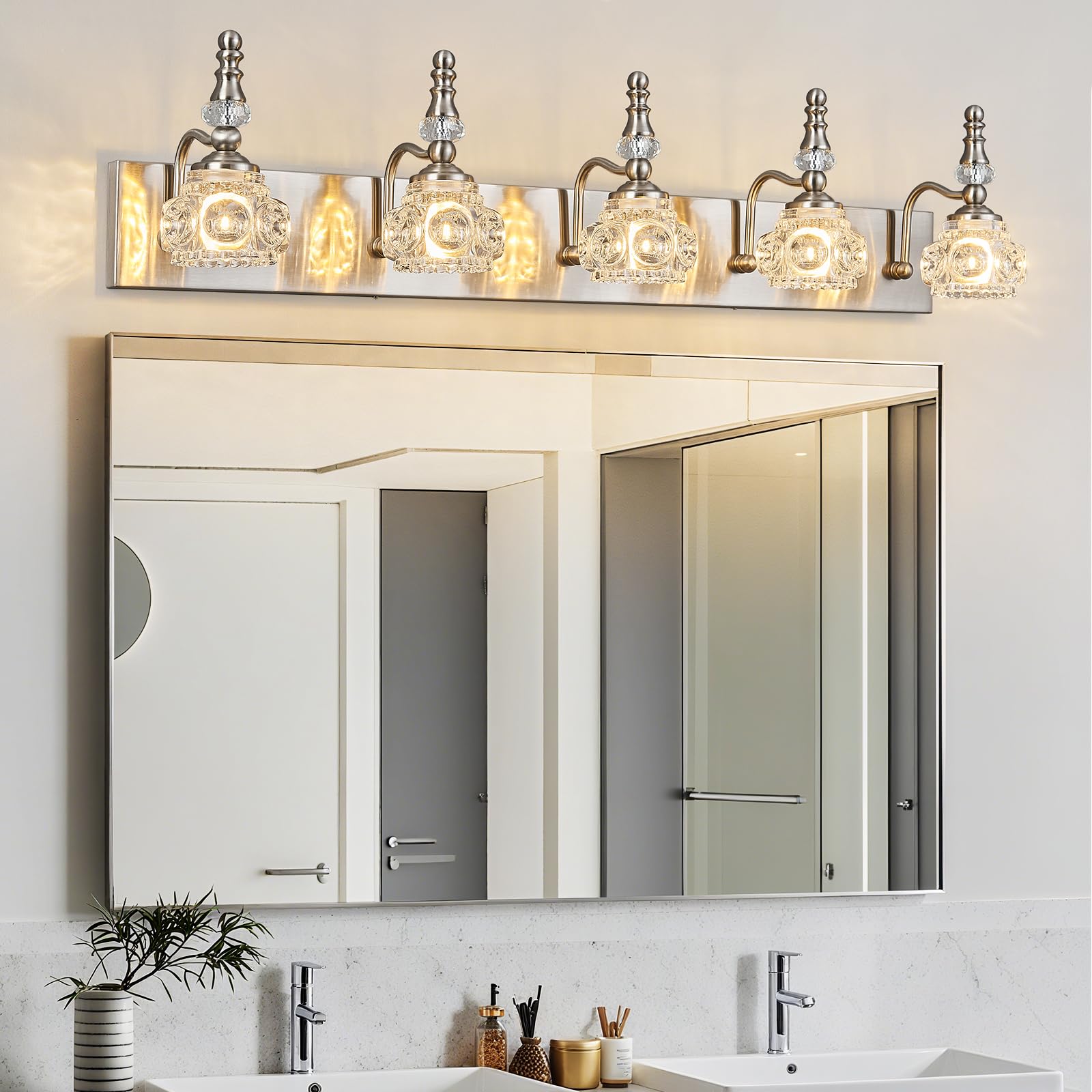 Lbsqj Modern Glass Crystal Vanity Light - Vintage Bathroom Lighting Fixtures Over Mirror  5 Light Vanity Lights G9 Bulb (35.43 Inch  Nickel)
