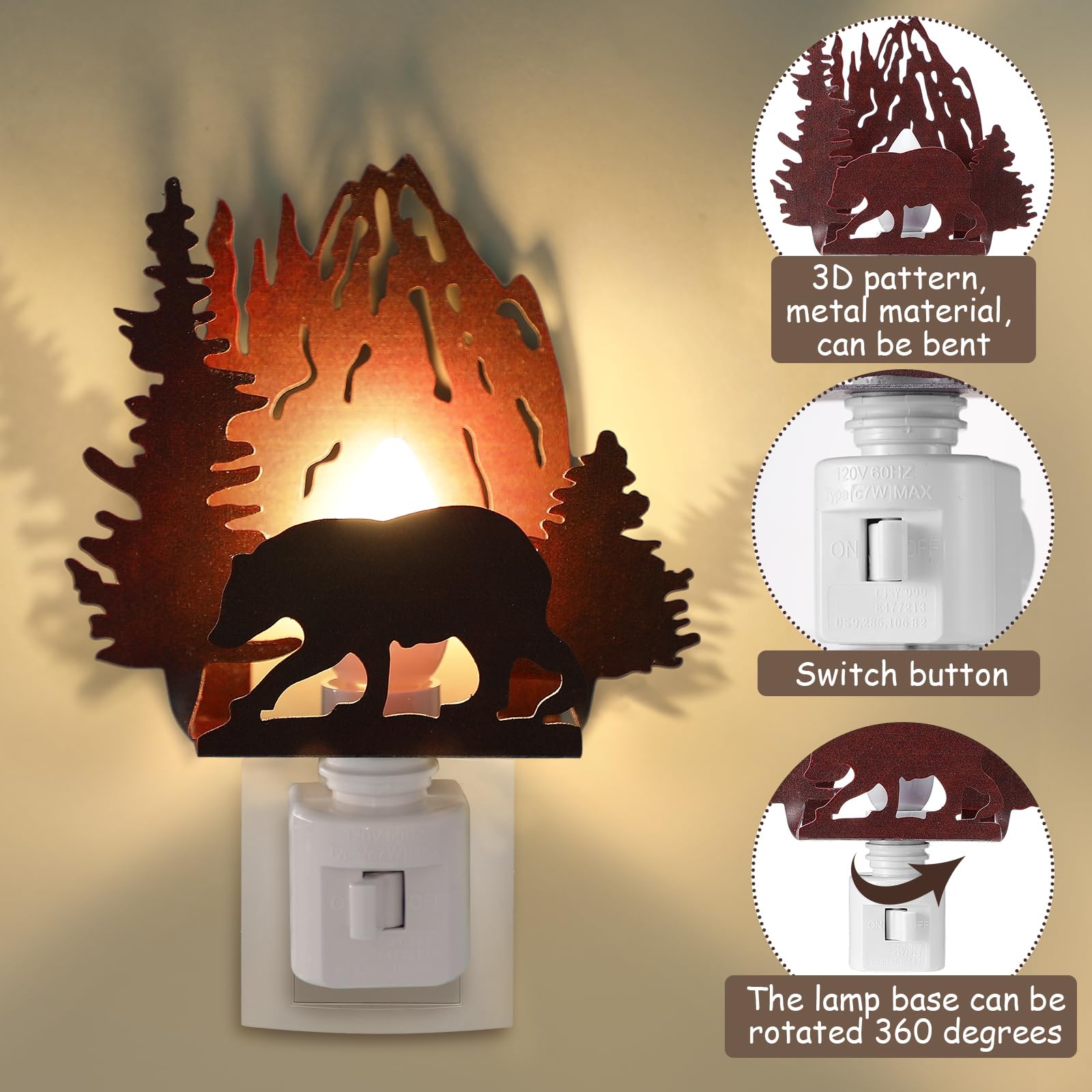 Tuanse Metal Plug-in Night Light, Bear Design, LED Lamp for Bedroom & Living Room, Red Brown, Model ER-Tuanse-1753