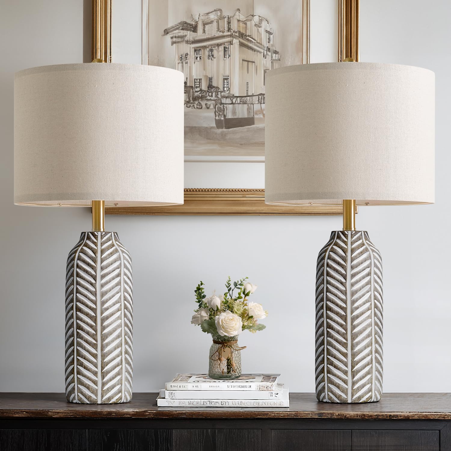 BOBOMOMO 26" Retro Farmhouse Lamps Set of 2 - Vintage Leaf Design, Weathered Wood Resin, Ideal for Living Room, Bedroom, Nursery