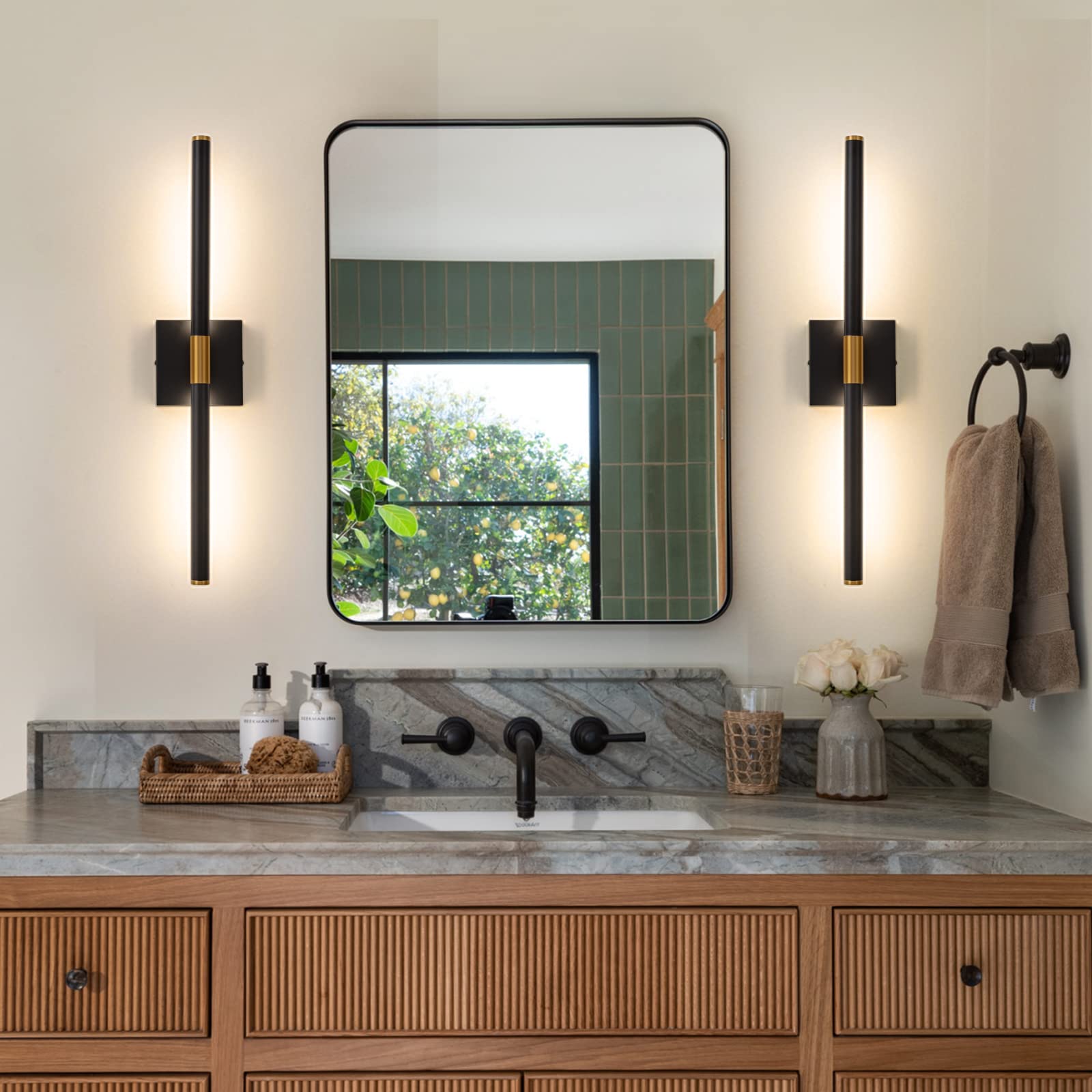 Faziyo 24" Black Gold LED Vanity Light Fixture for Bathroom & Mirror, Model 8043, Metal Sconce, Modern Design