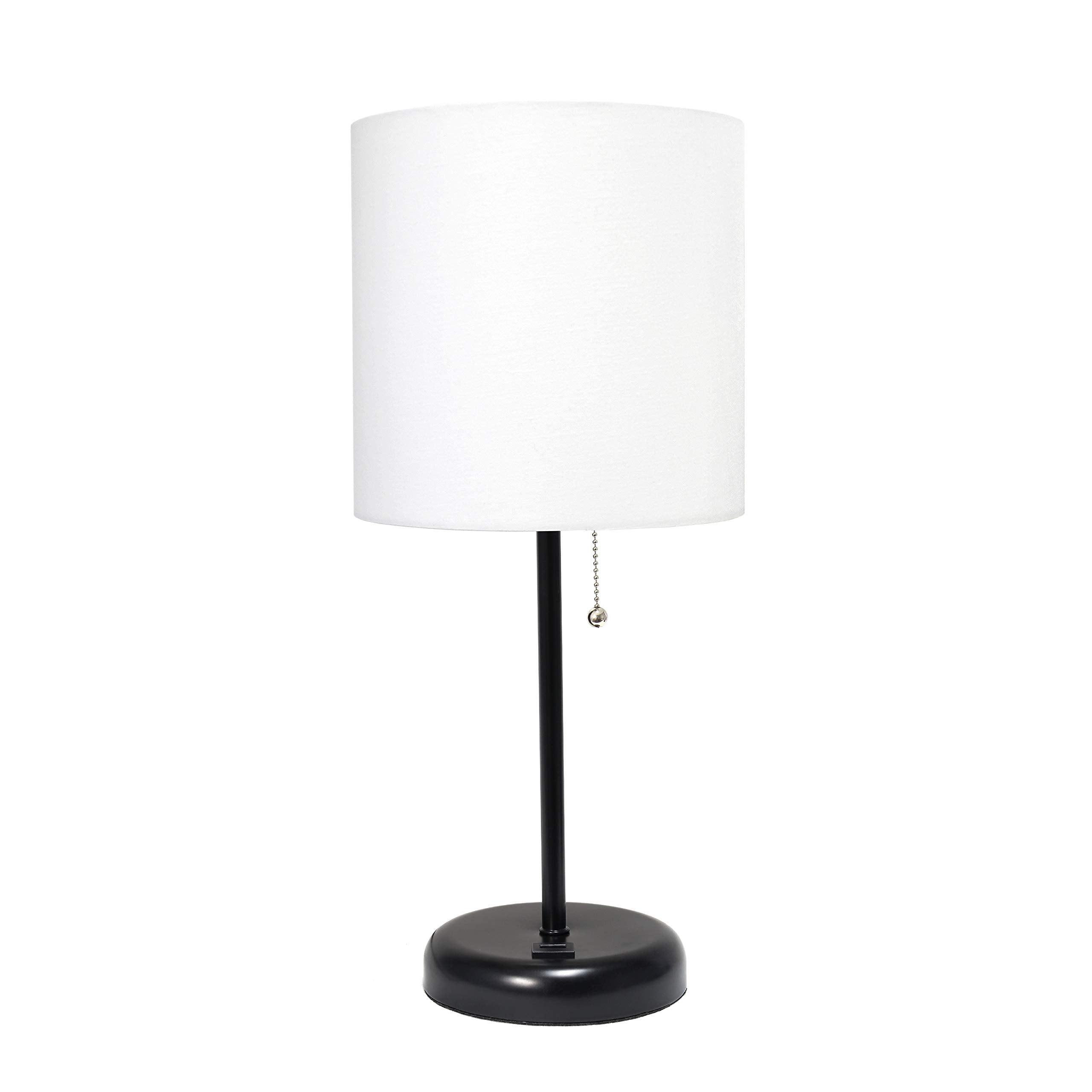 Simple Designs Lt2044-Baw Black Stick Table Desk Lamp With Usb Charging Port And Drum Fabric Shade, White Shade