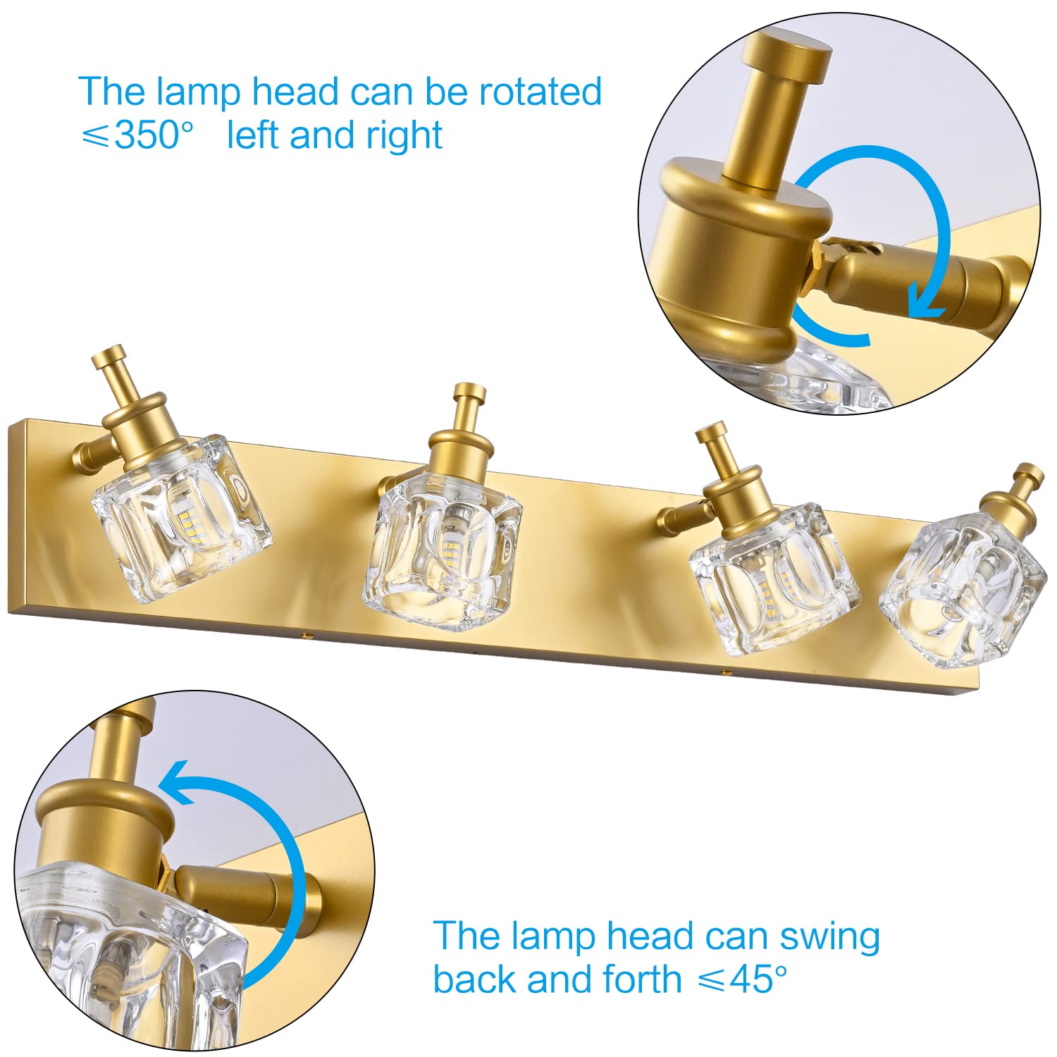 PRESDE Modern Crystal Bathroom Vanity Light - 4-Light Gold Fixture Over Mirror, Excludes Bulb, Model 476e546c-b841-4f4f-a519-bb35d