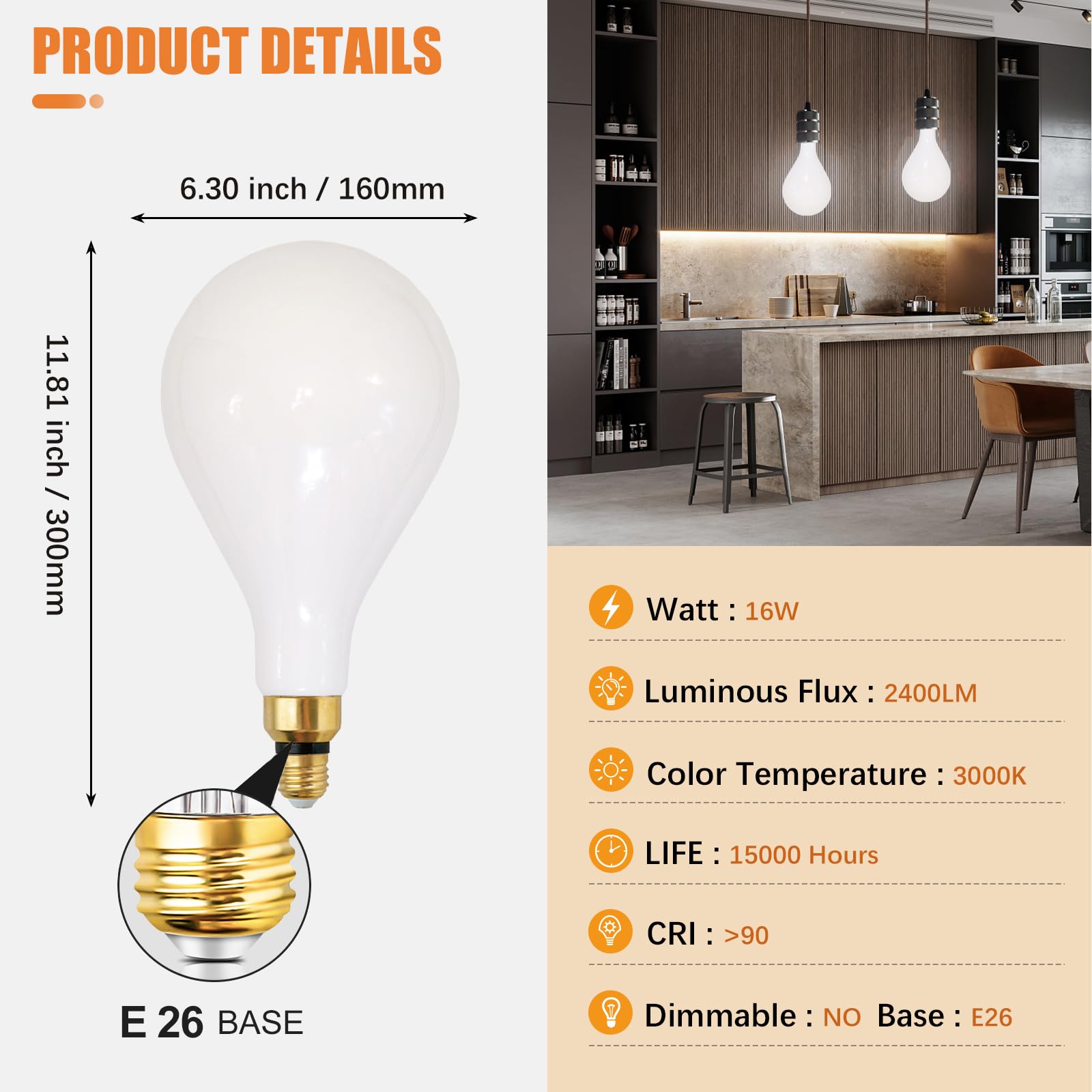 Sd Lux Oversized Led Light Bulb Giant Vintage Edison Filament Bulb 16W 2400Lm (Equi. 200W) E26 Base Large Bulb Milky Glass For H