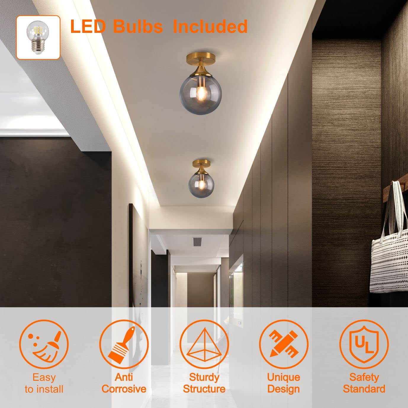 KCO Lighting Mid Century Modern Ceiling Light, Smoke Gray Glass, Brushed Gold, Model C1073-S, Small Globe Flush Mount for Hallway or Bedroom