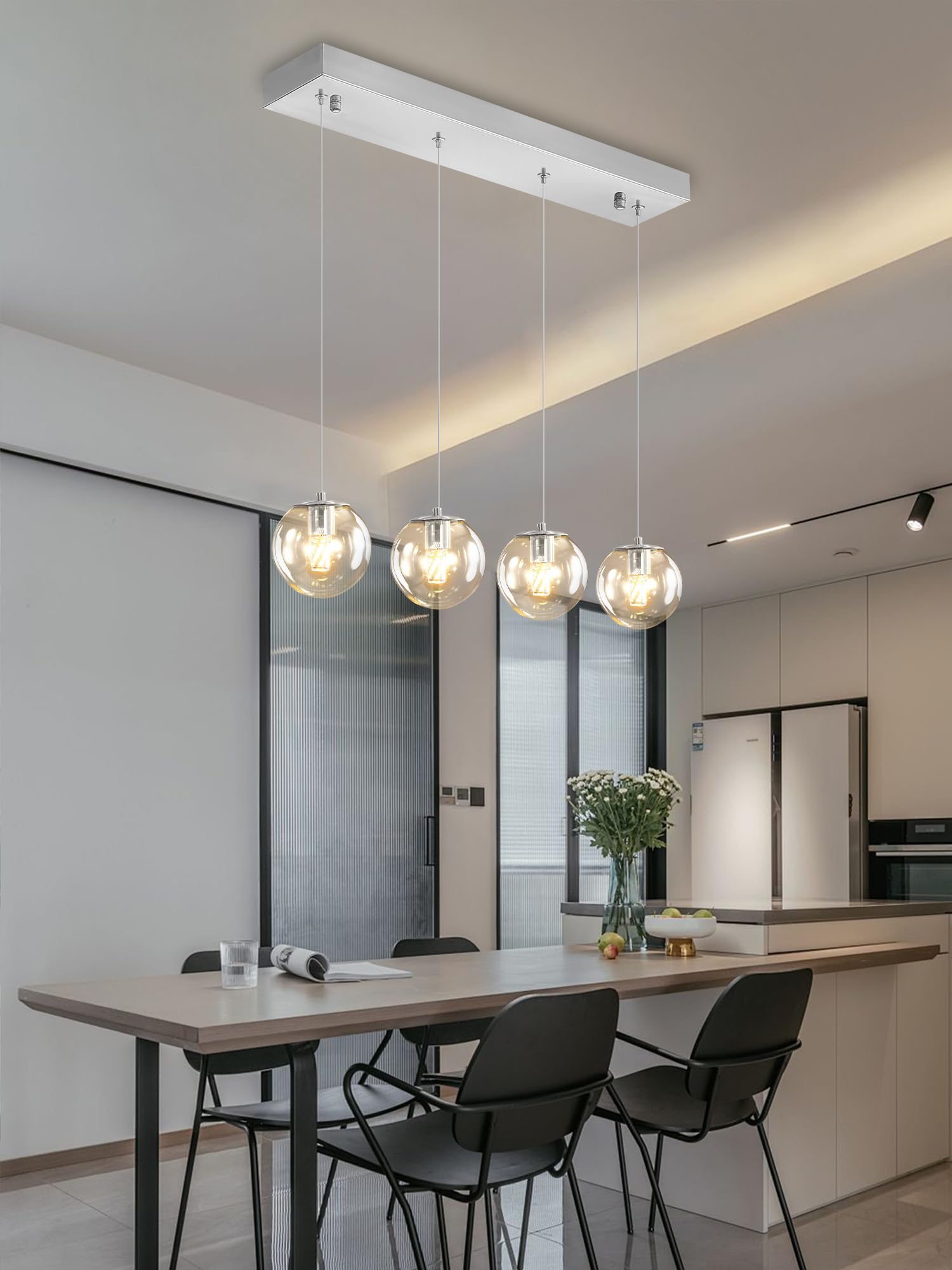 Ykolupty Modern Kitchen Island Lighting Linear Chandeliers For Dining Room 4-Light Glass Globe Hanging Pendant Light For Living