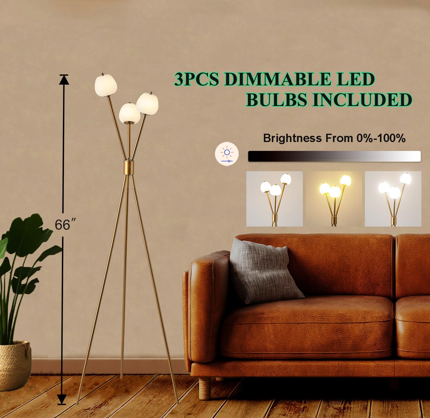 Fiqevs Dimmable Tripod Floor Lamp For Living Room, Globe Mid Century Modern Floor Lamp With 3 Sphere Frosted Ball And Led Bulbs