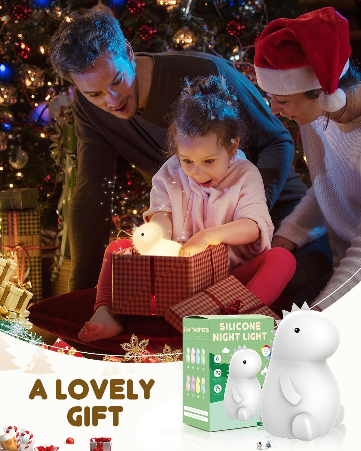 loatme Night Light for Kids, Rechargeable Silicone LED Lamp, Dimmable, 7 Colors, Dinosaur Design