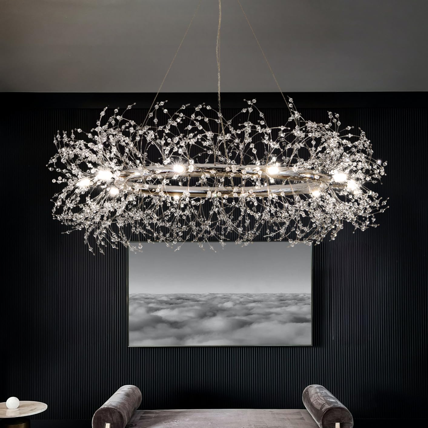 Modern Crystal Silver Chandeliers,Chrome Dining Room Chandelier Light Fixture Round,Large Living room Chandelier,Crystal Ceiling